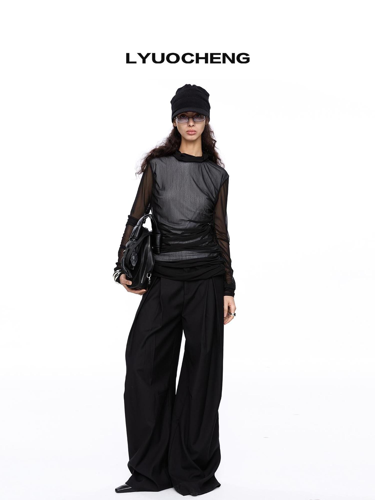 LYUOCHENG Double Layer Mesh Ruffle Top V-neck T-shirt Long Sleeve Blouse