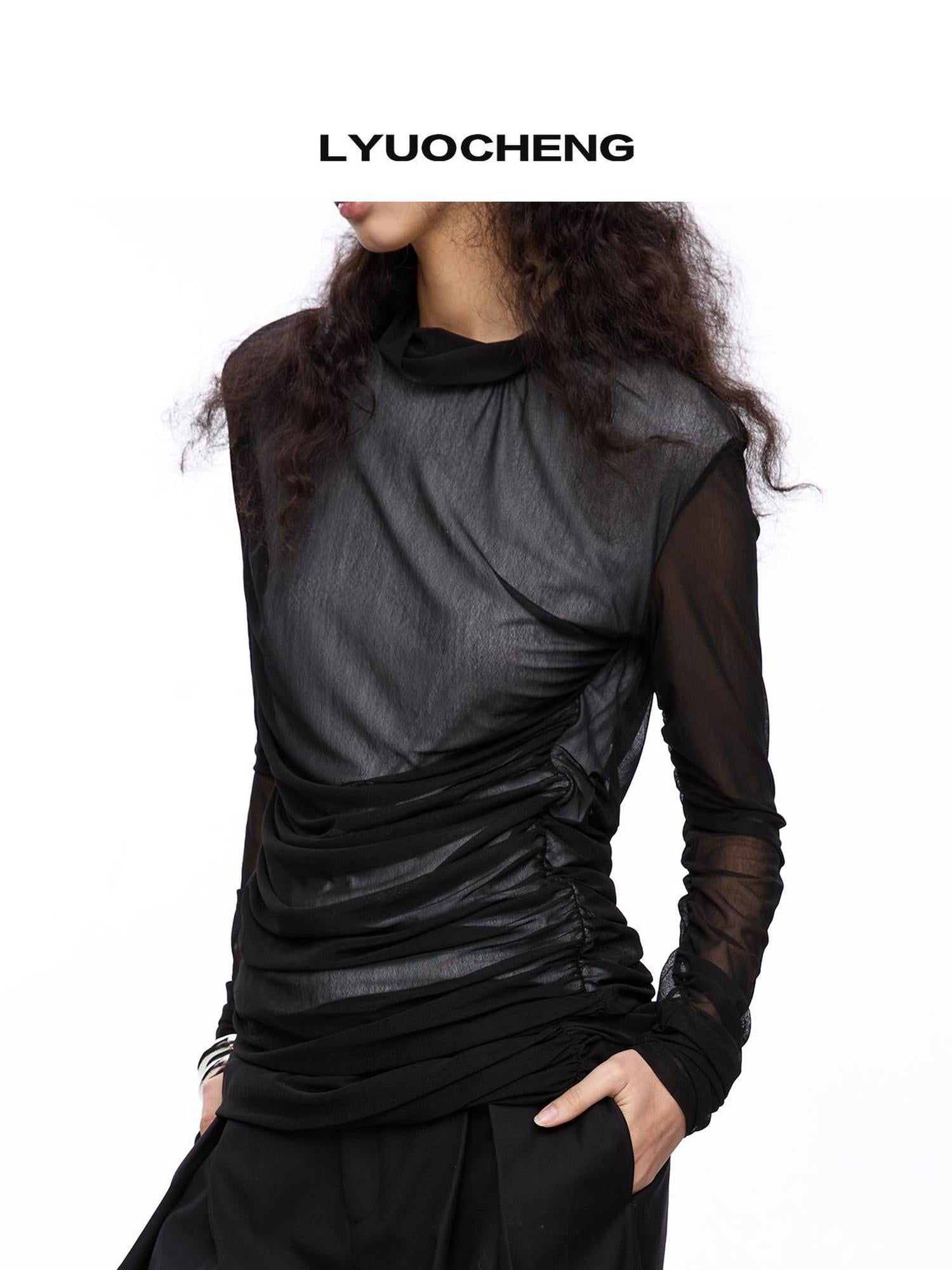 LYUOCHENG Double Layer Mesh Ruffle Top V-neck T-shirt Long Sleeve Blouse