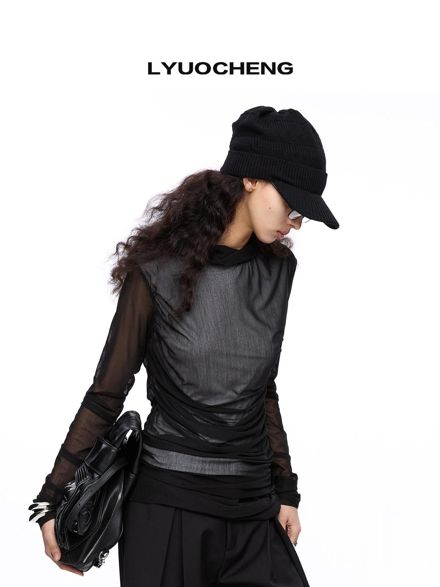 LYUOCHENG Double Layer Mesh Ruffle Top V-neck T-shirt Long Sleeve Blouse