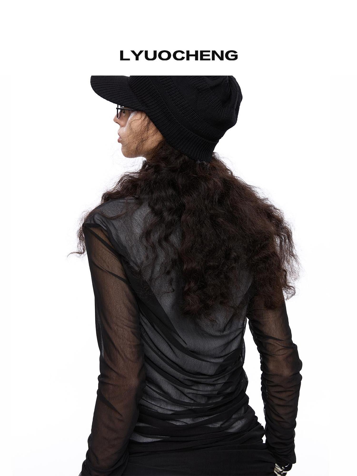 LYUOCHENG Double Layer Mesh Ruffle Top V-neck T-shirt Long Sleeve Blouse