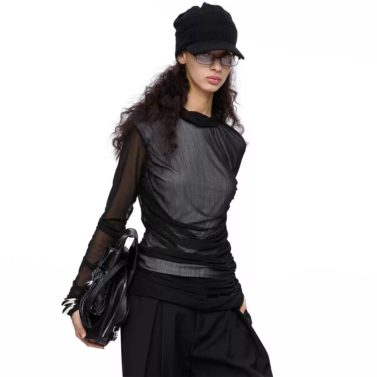 LYUOCHENG_Double_Layer_Mesh_Ruffle_Top_V-neck_T-shirt_Long_Sleeve_Blouse_MISSTT