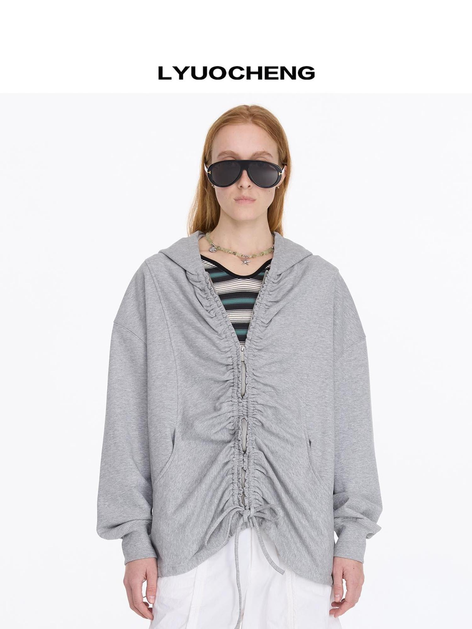 LYUOCHENG Drawstring Hooded Zip Up Knit Sweatshirt