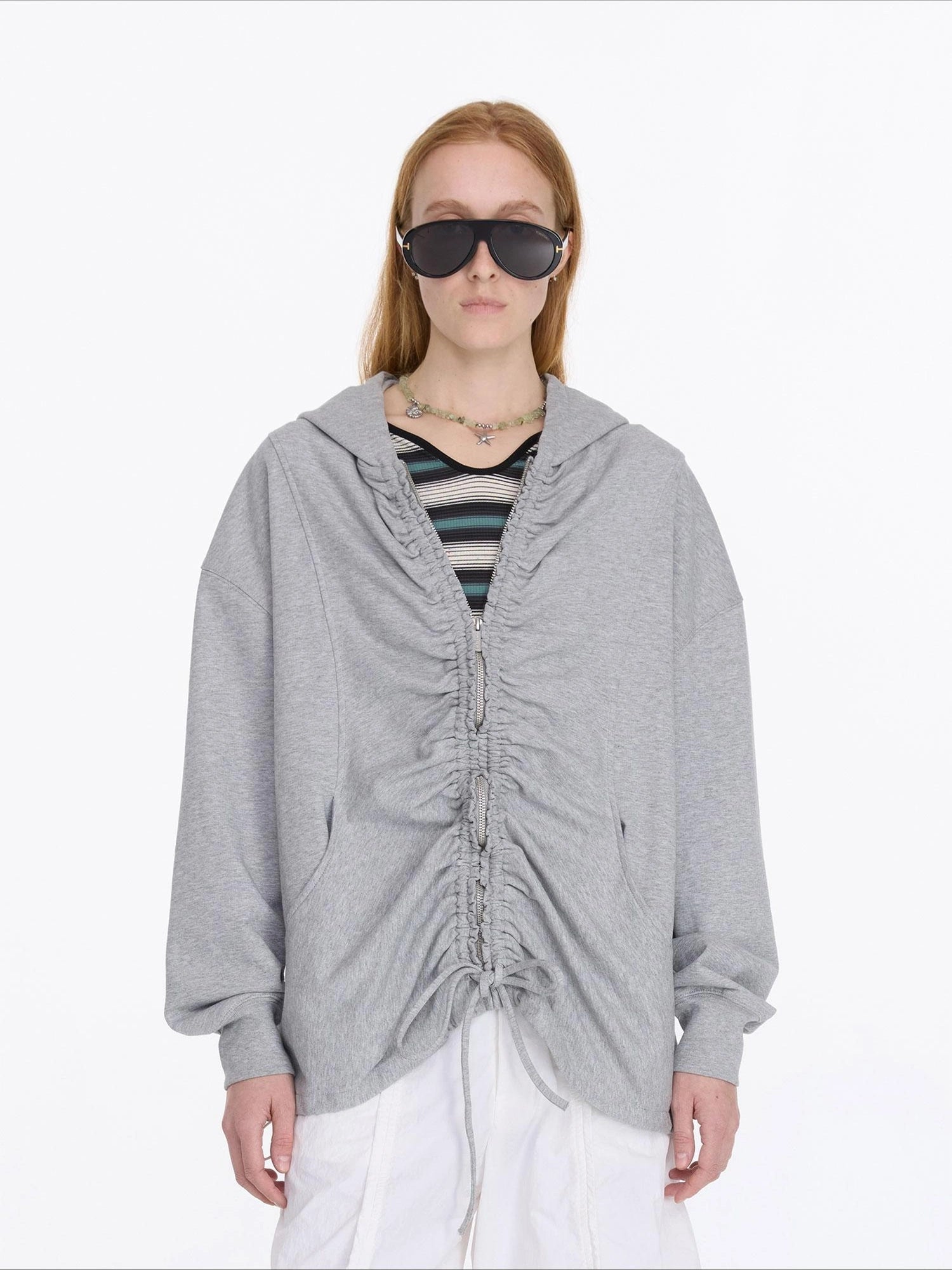 LYUOCHENG Drawstring Hooded Zip Up Knit Sweatshirt