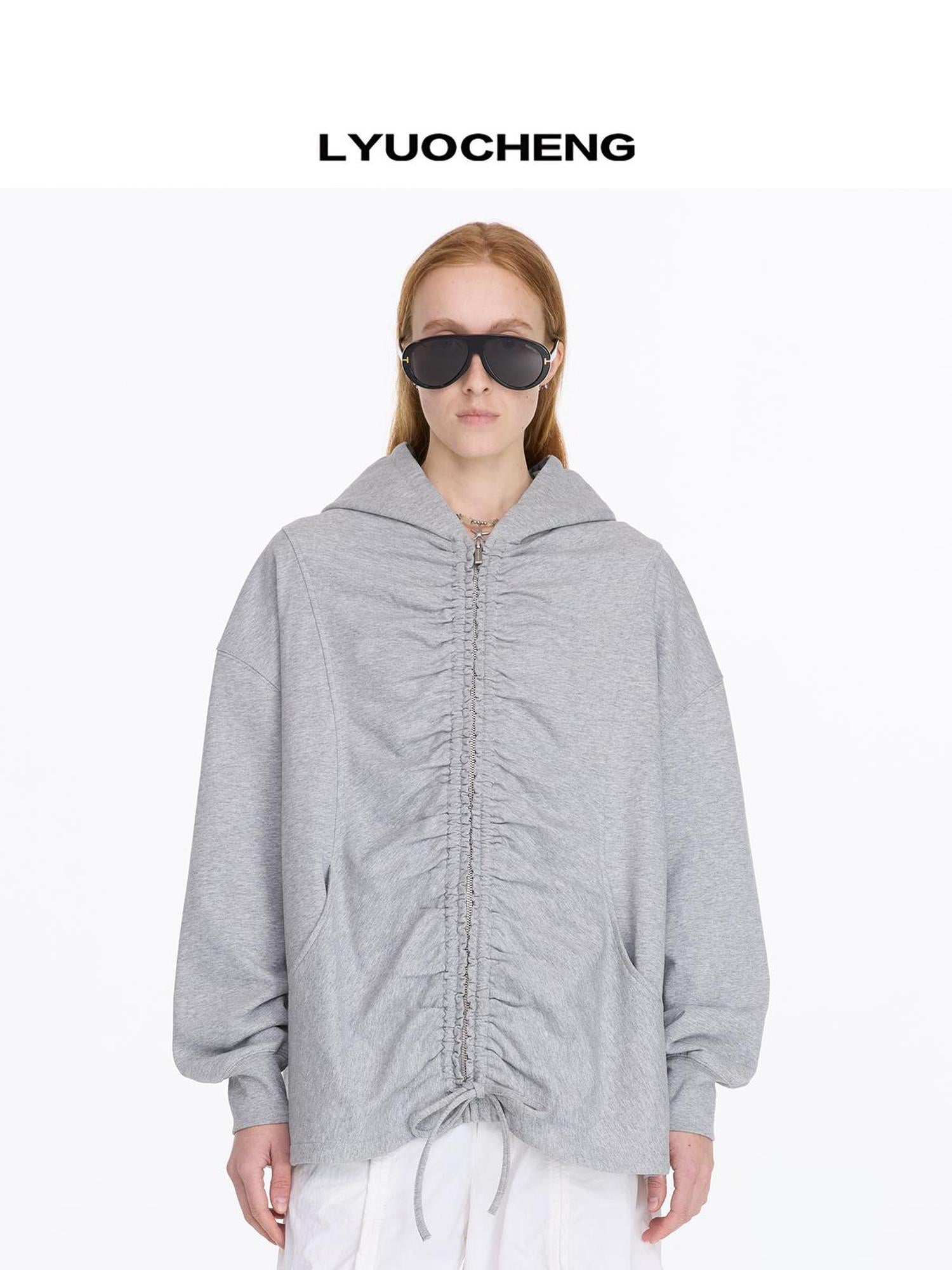 LYUOCHENG Drawstring Hooded Zip Up Knit Sweatshirt