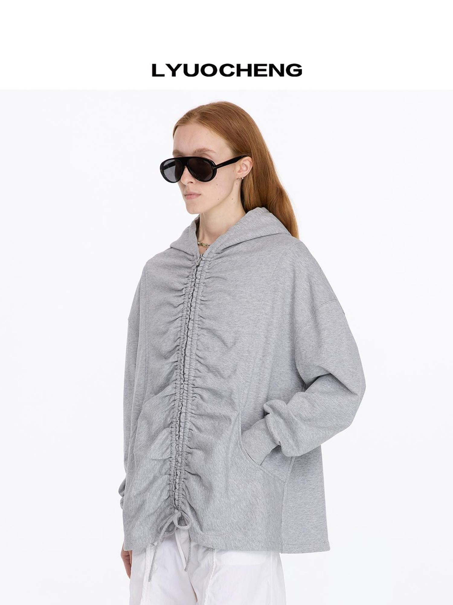 LYUOCHENG Drawstring Hooded Zip Up Knit Sweatshirt