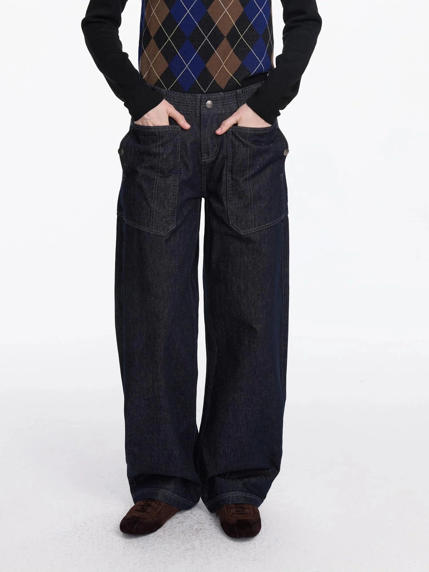 Early Autumn Relaxed Raw Denim Cargo Wide Leg Jeans