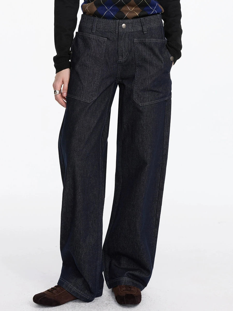 Early Autumn Relaxed Raw Denim Cargo Wide Leg Jeans