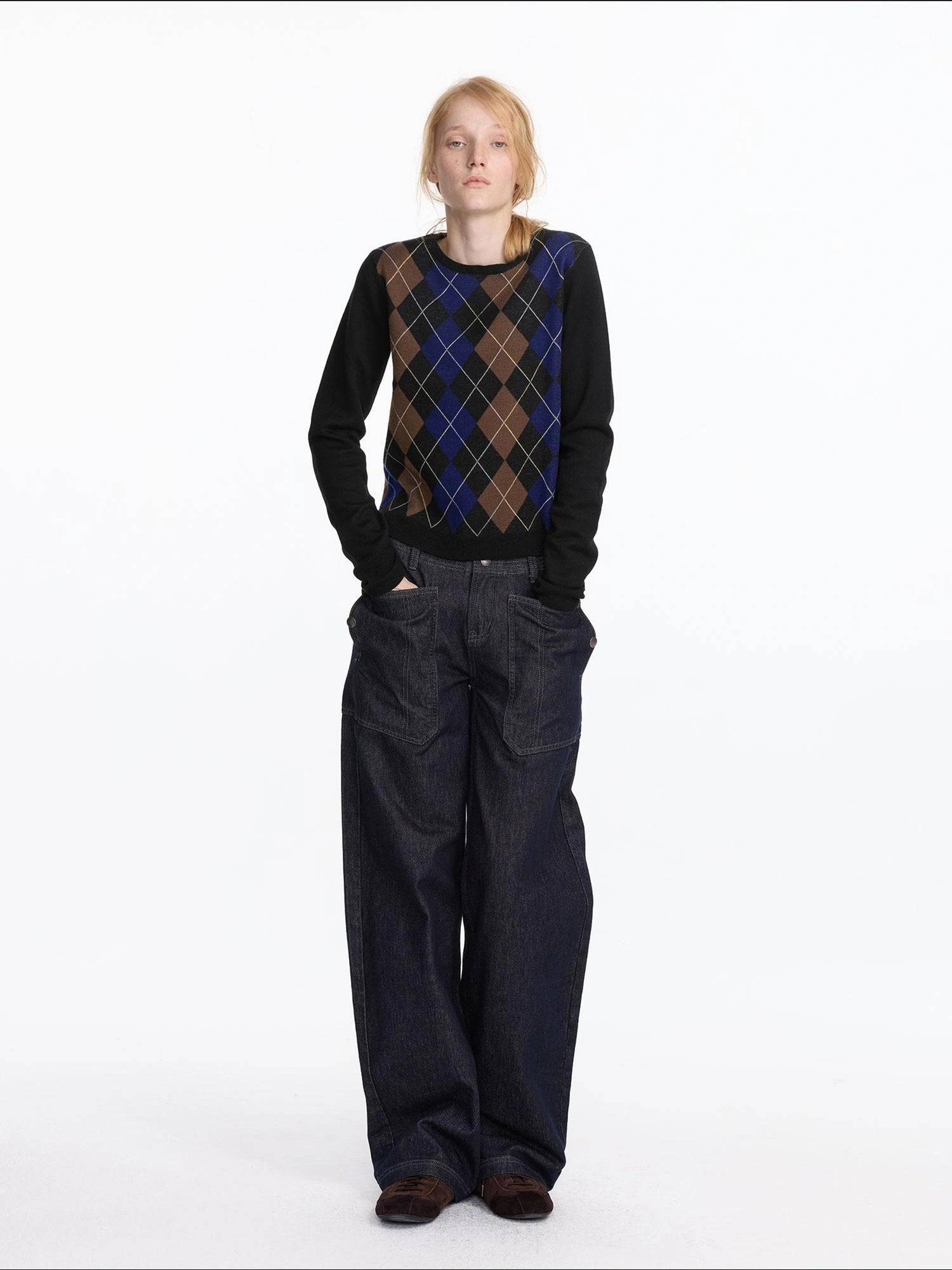 LYUOCHENG Early Autumn Wool Argyle Pattern Color Block Sweater V-neck T-shirt Long Sleeve