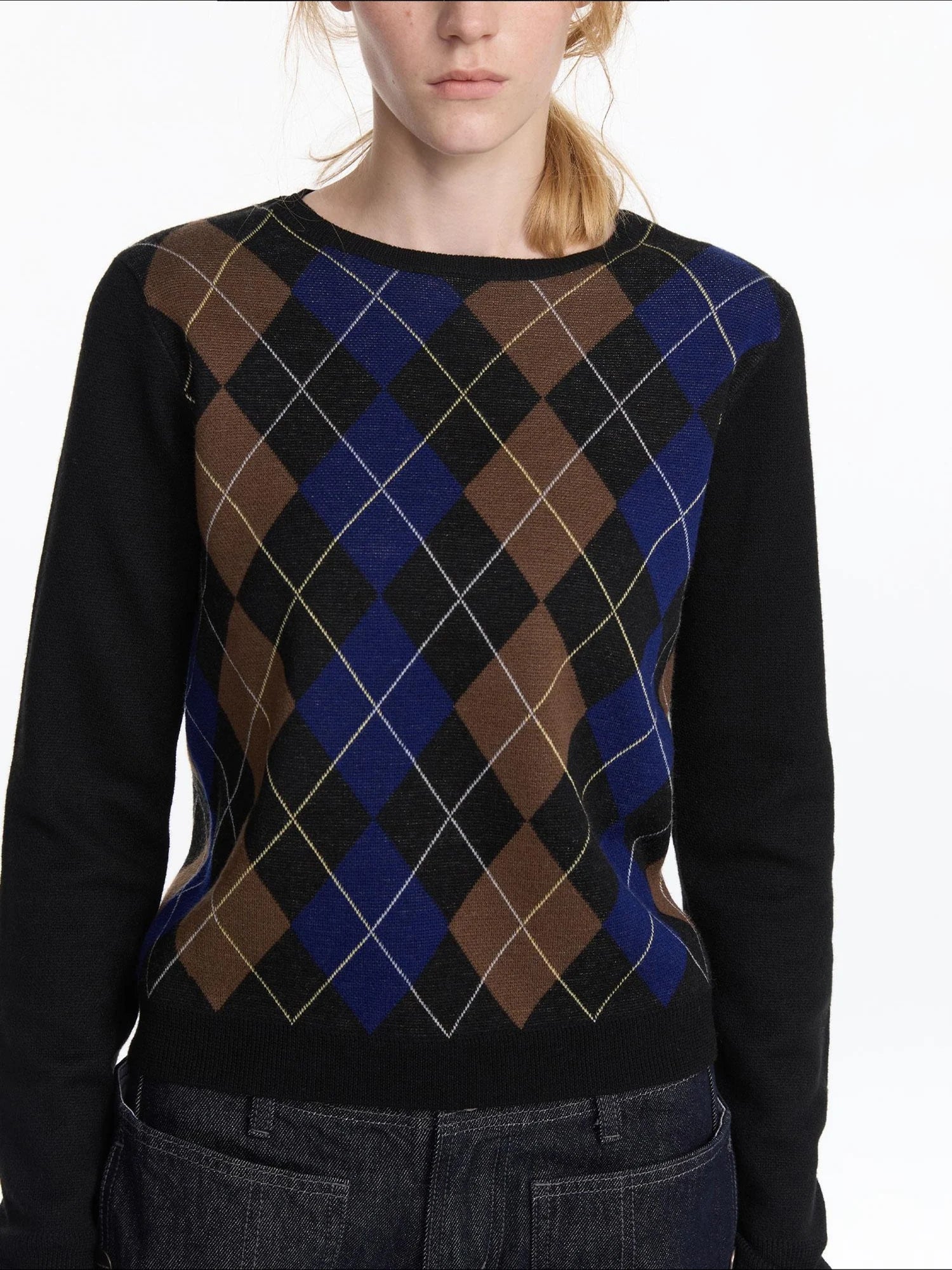 LYUOCHENG Early Autumn Wool Argyle Pattern Color Block Sweater V-neck T-shirt Long Sleeve