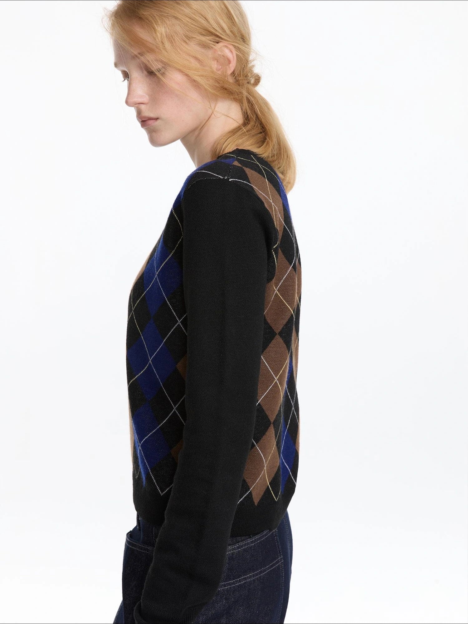 LYUOCHENG Early Autumn Wool Argyle Pattern Color Block Sweater V-neck T-shirt Long Sleeve