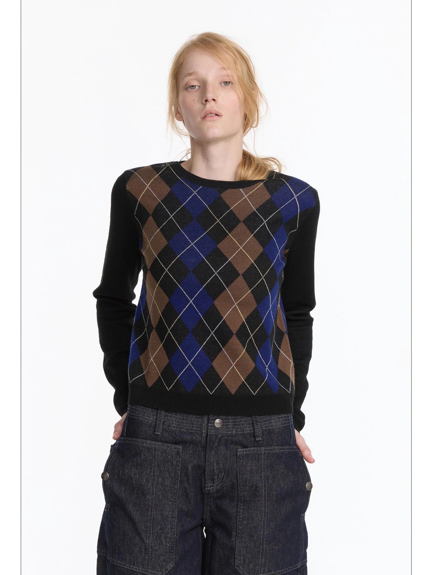 LYUOCHENG Early Autumn Wool Argyle Pattern Color Block Sweater V-neck T-shirt Long Sleeve