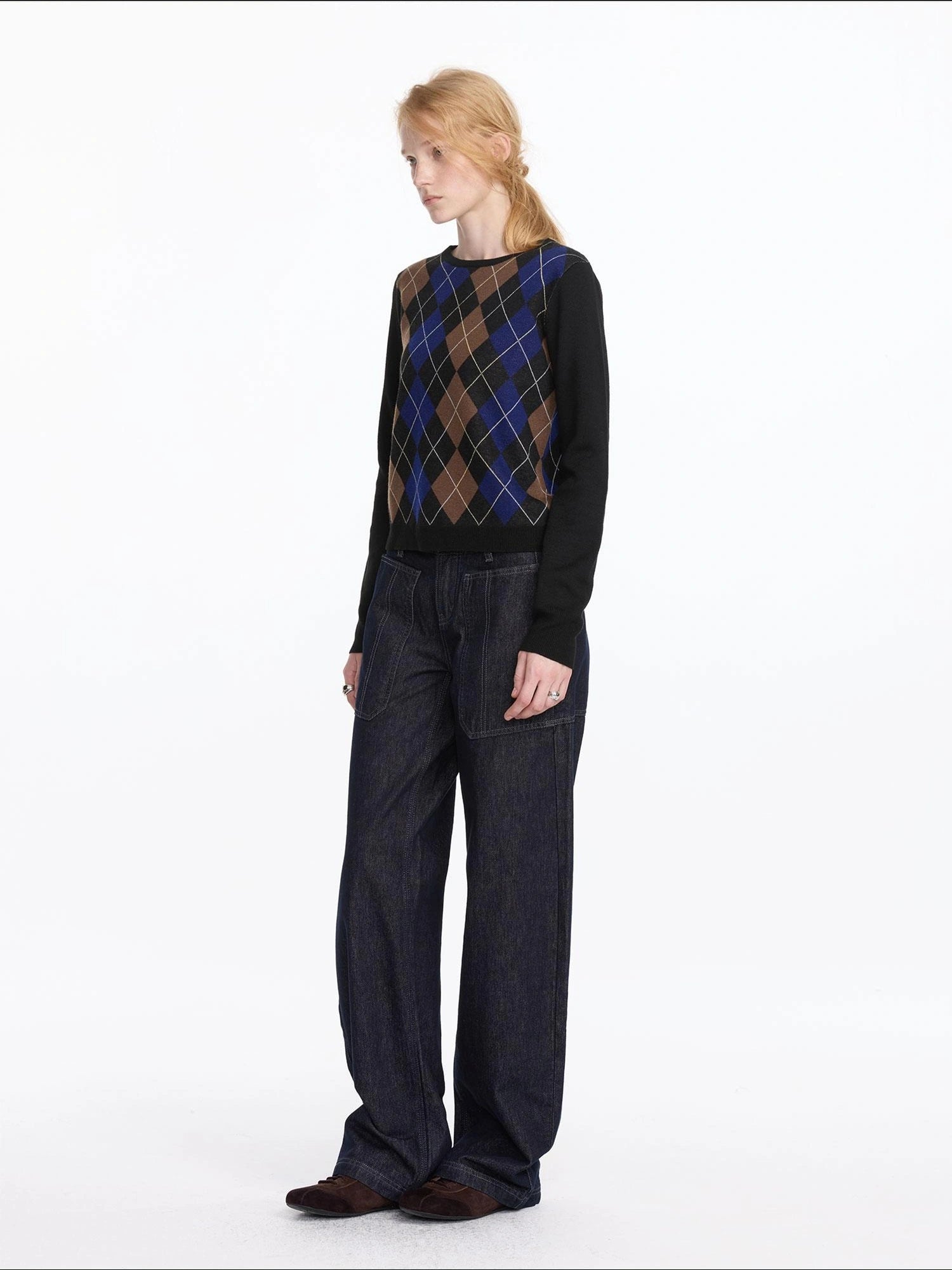 LYUOCHENG Early Autumn Wool Argyle Pattern Color Block Sweater V-neck T-shirt Long Sleeve