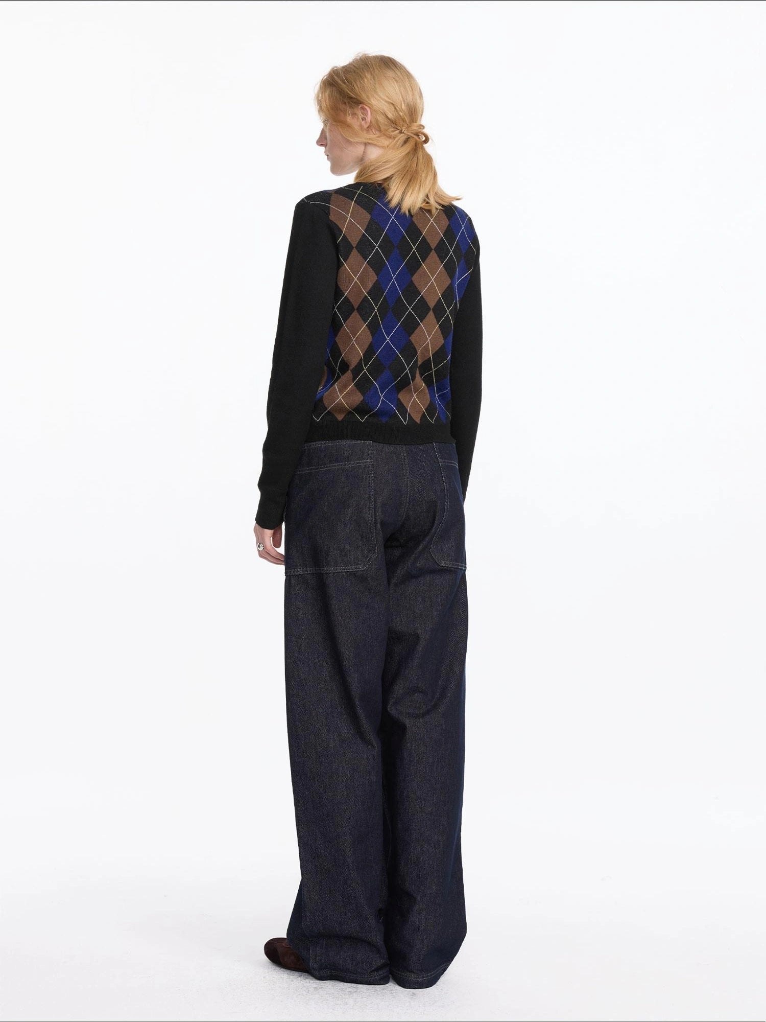 LYUOCHENG Early Autumn Wool Argyle Pattern Color Block Sweater V-neck T-shirt Long Sleeve