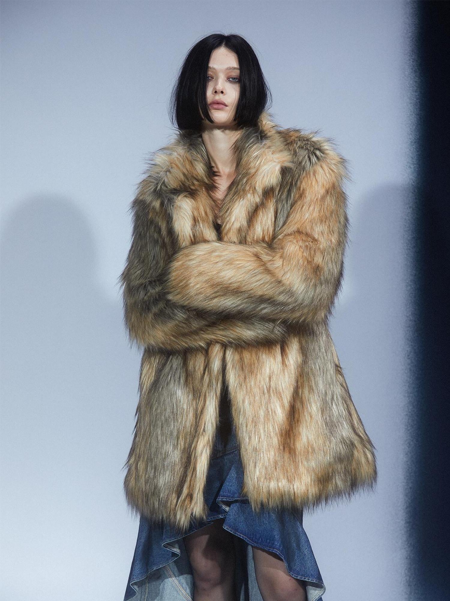 LYUOCHENG Eco Fur Fox Brown Oversized Mid Length Coat
