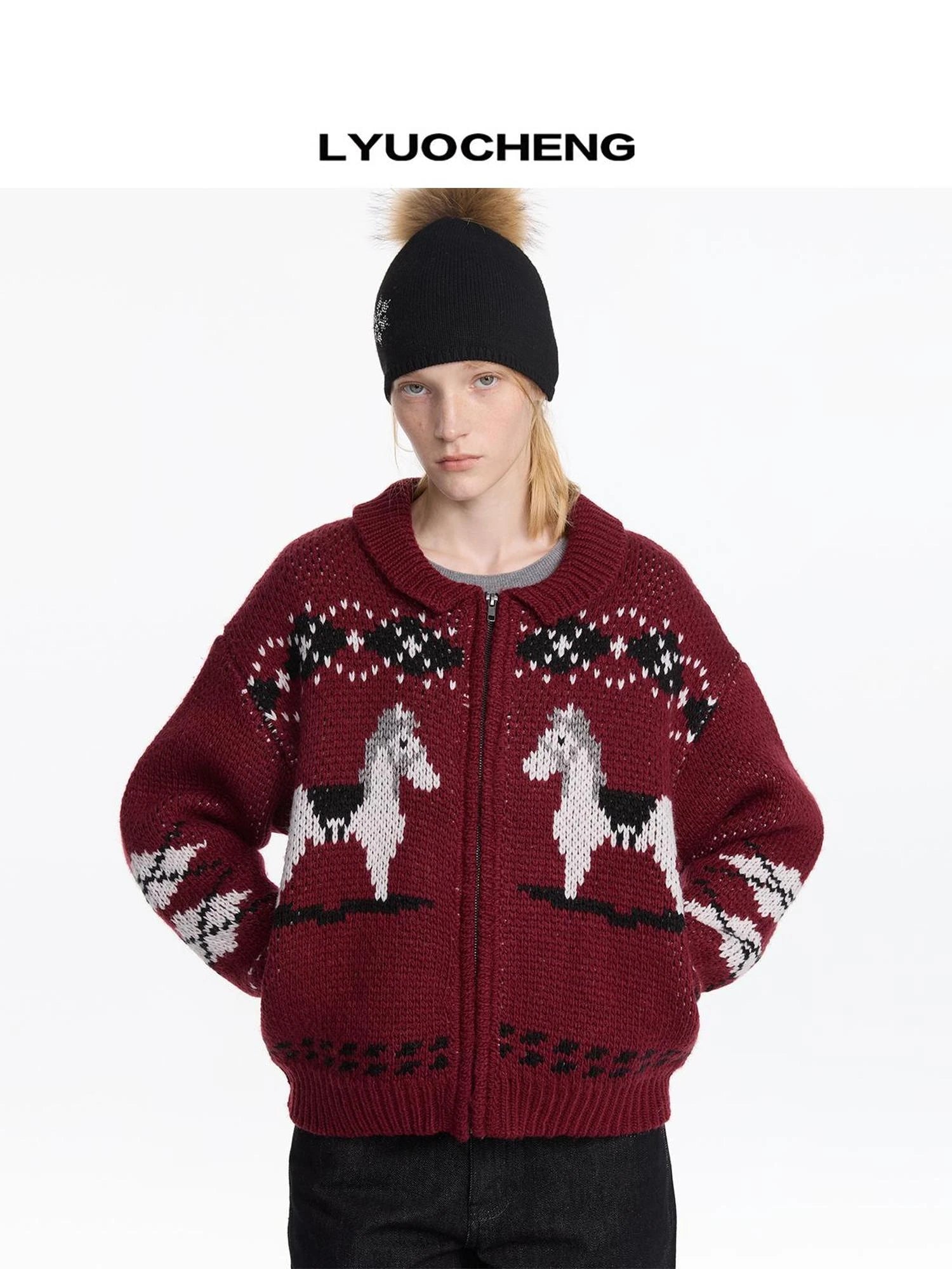 LYUOCHENG Fair Isle Pony Pattern Wool Blend Sweater V-neck T-shirt Long Sleeve