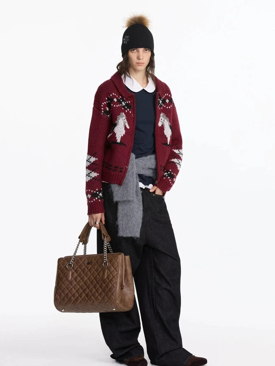 LYUOCHENG Fair Isle Pony Pattern Wool Blend Sweater V-neck T-shirt Long Sleeve