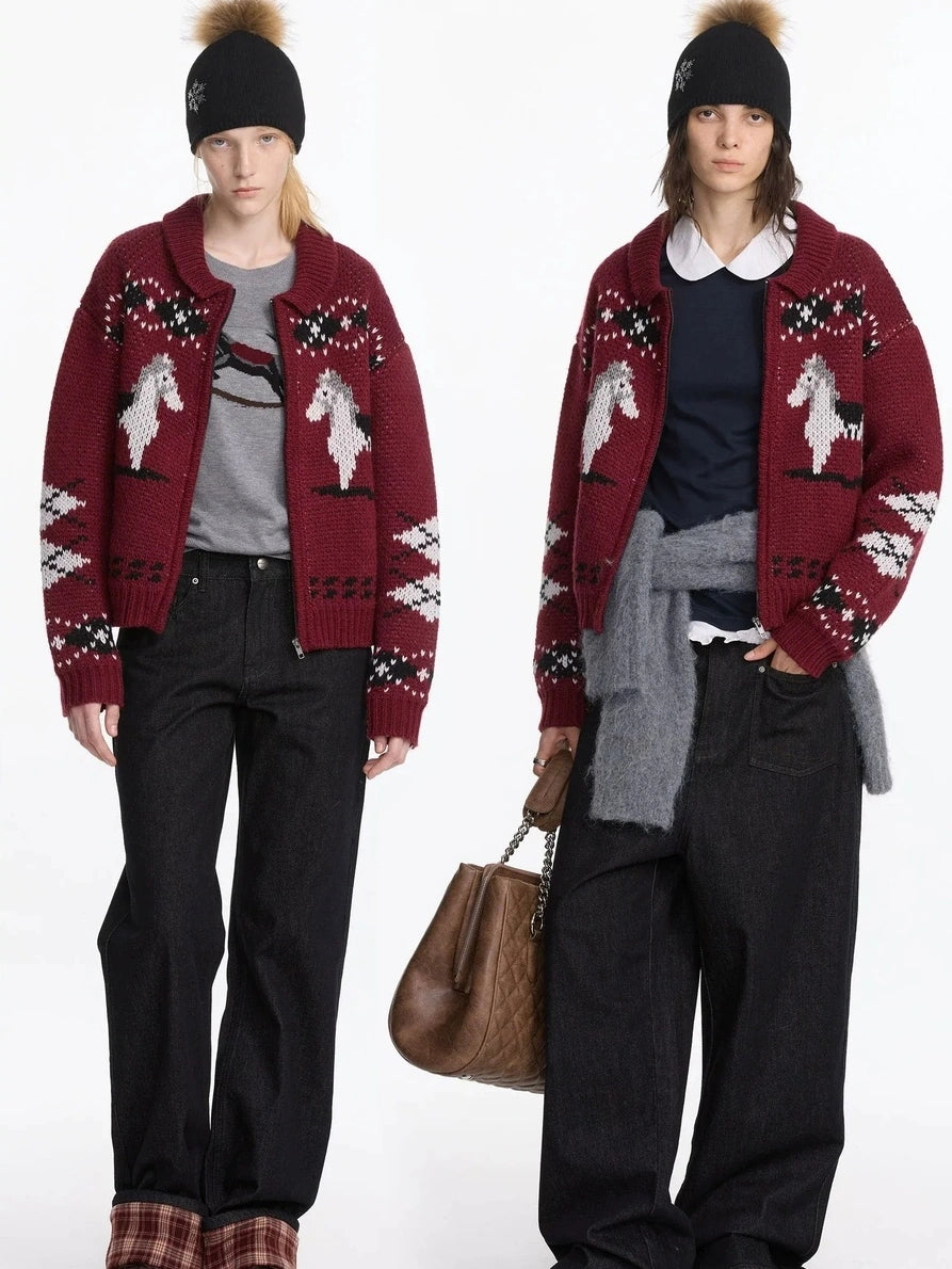 LYUOCHENG Fair Isle Pony Pattern Wool Blend Sweater V-neck T-shirt Long Sleeve