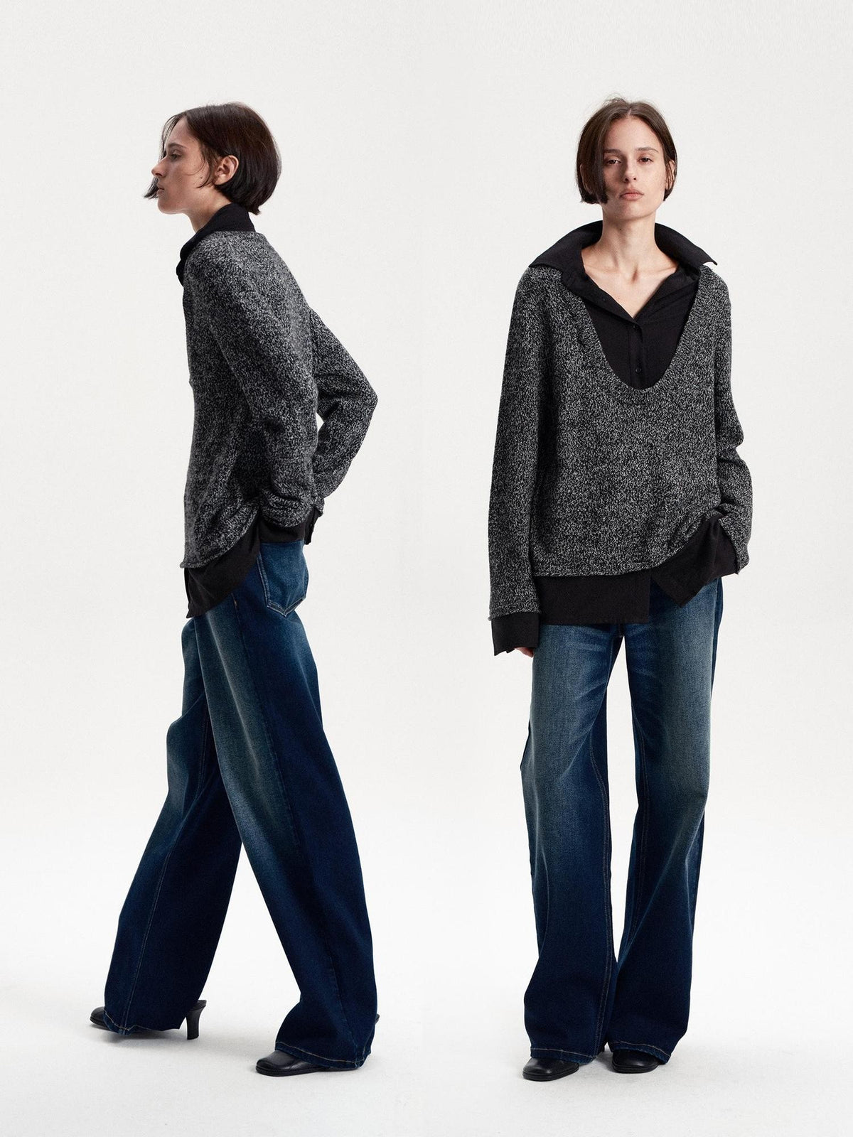 LYUOCHENG Faux Layered Wool Blend Long Sleeve Loose Fit Women&