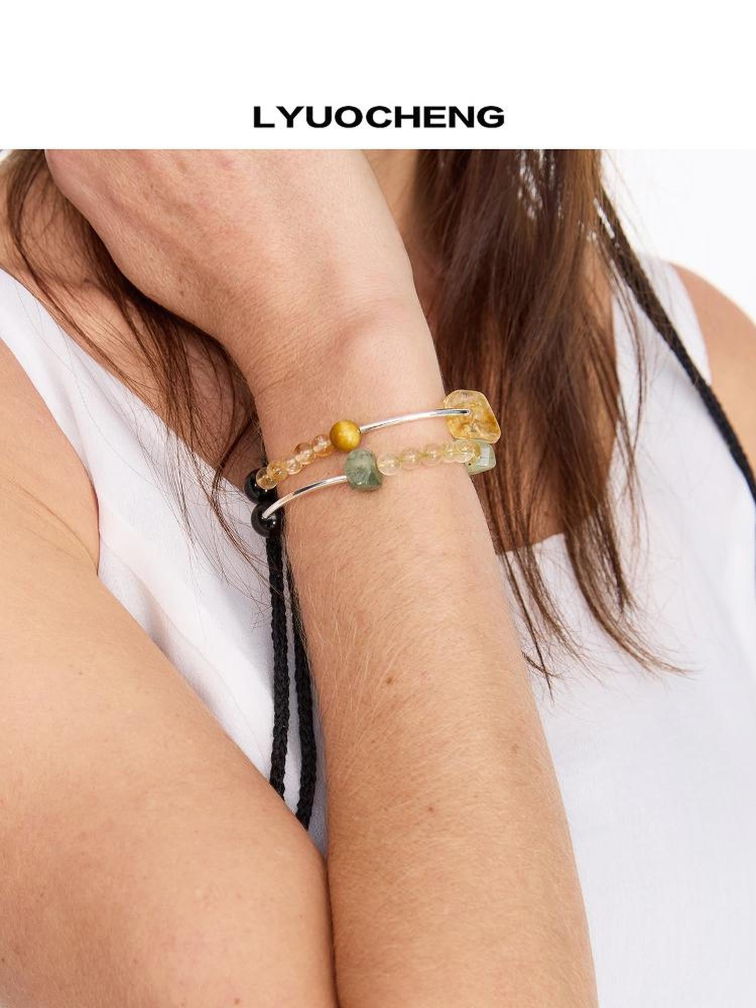 LYUOCHENG Grape Stone Citrine Beaded Bracelet Sterling Silver