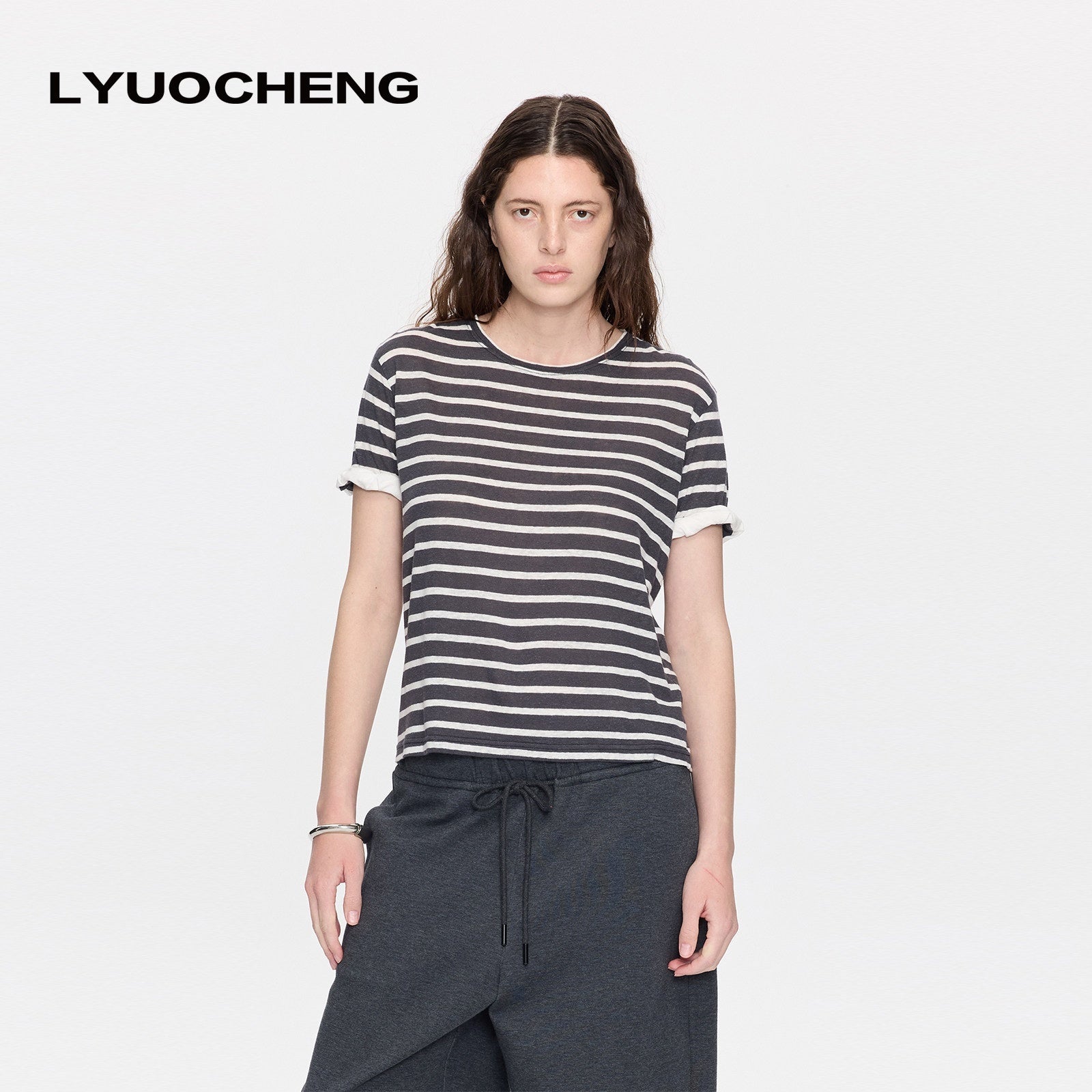 LYUOCHENG_Gray_White_Striped_Rolled_Hem_Women&