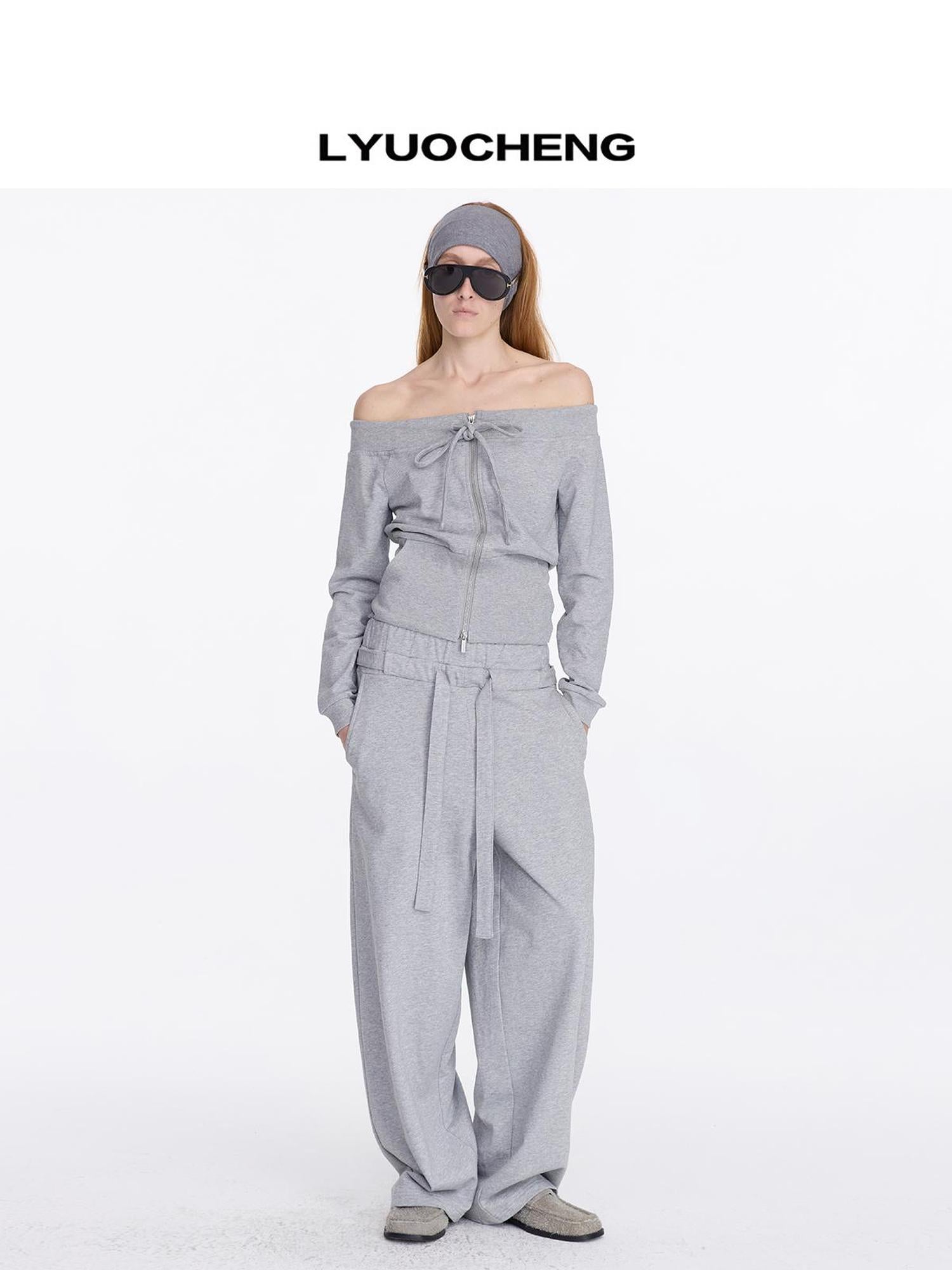 LYUOCHENG Grey Drawstring Loose Sweatpants High Waist Wide Leg