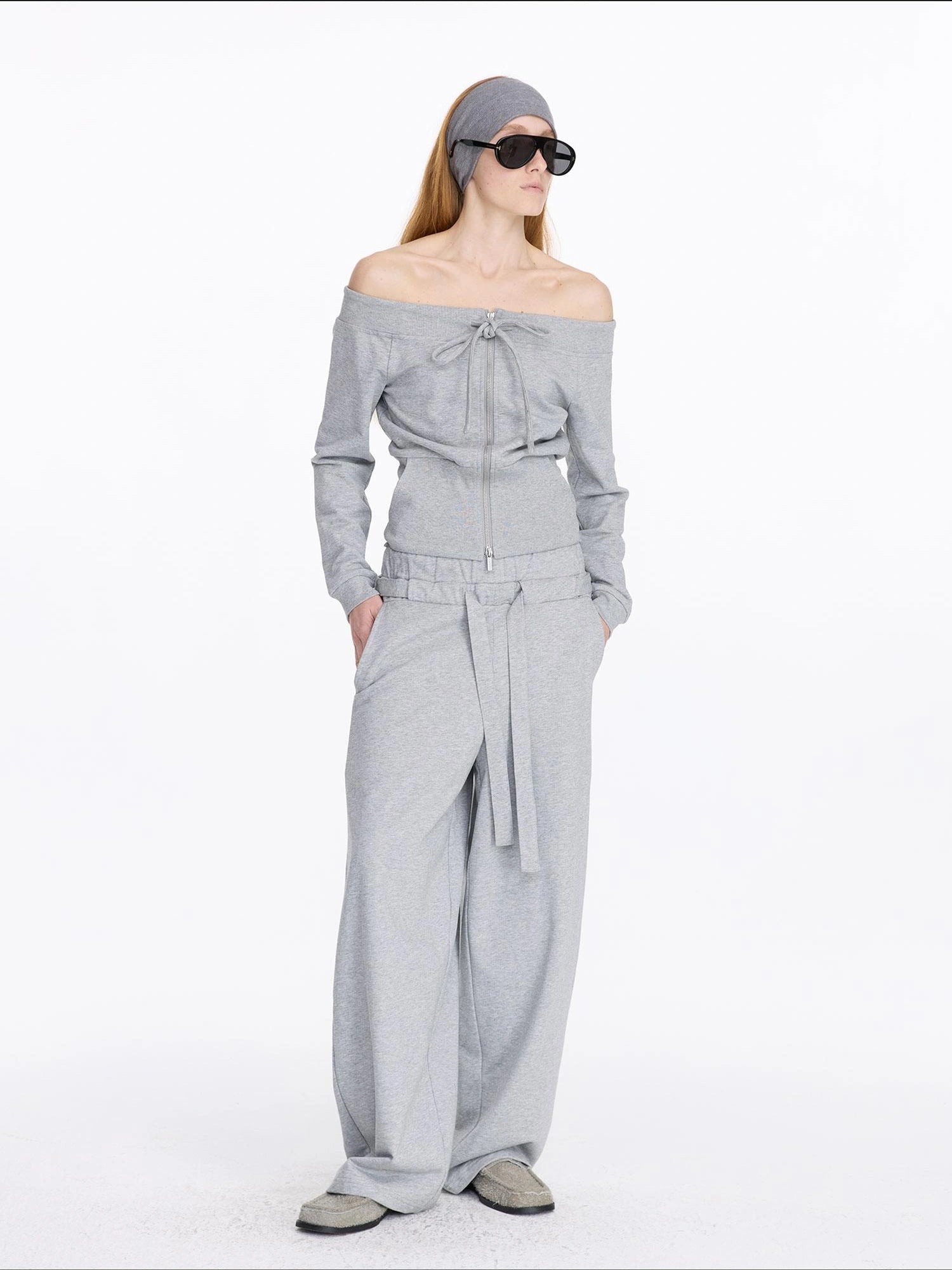 LYUOCHENG Grey Drawstring Loose Sweatpants High Waist Wide Leg