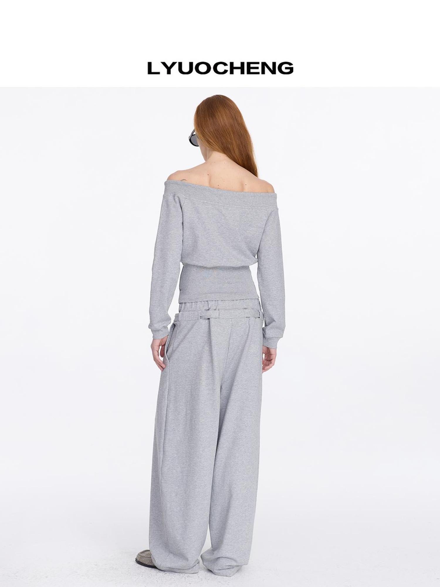 LYUOCHENG Grey Drawstring Loose Sweatpants High Waist Wide Leg