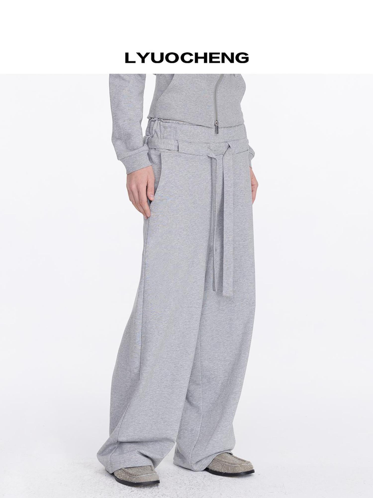 LYUOCHENG Grey Drawstring Loose Sweatpants High Waist Wide Leg