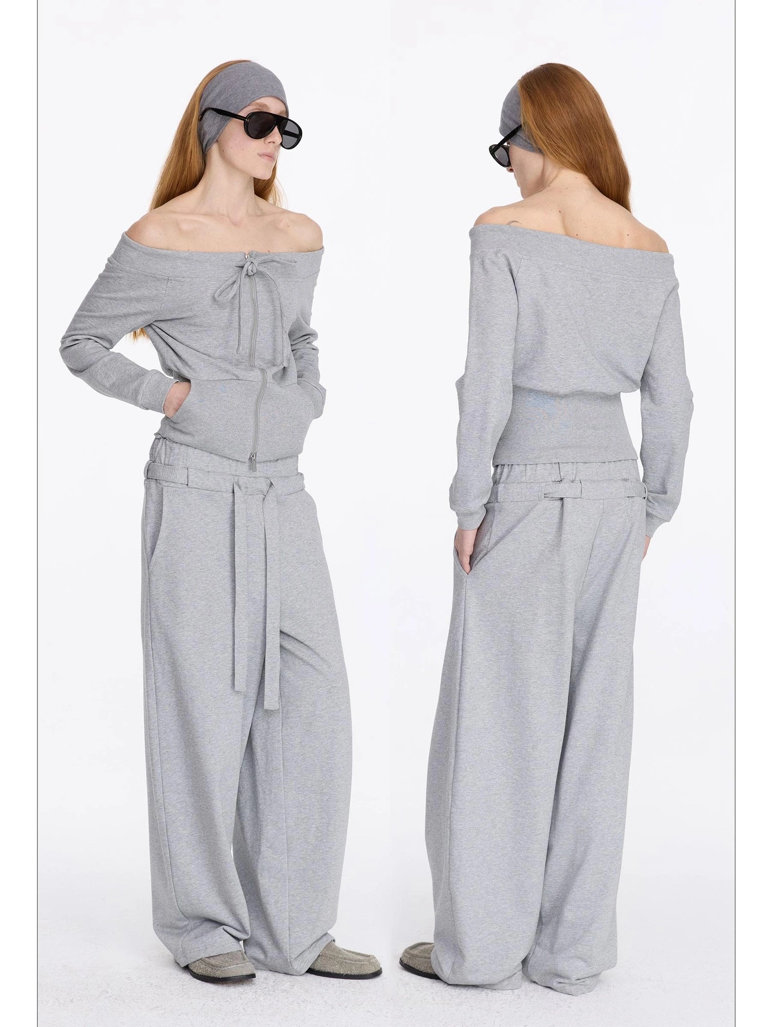 LYUOCHENG Grey Drawstring Loose Sweatpants High Waist Wide Leg