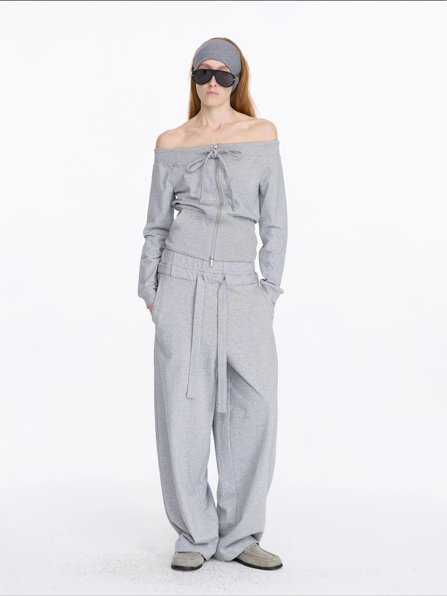 LYUOCHENG Grey Drawstring Loose Sweatpants High Waist Wide Leg