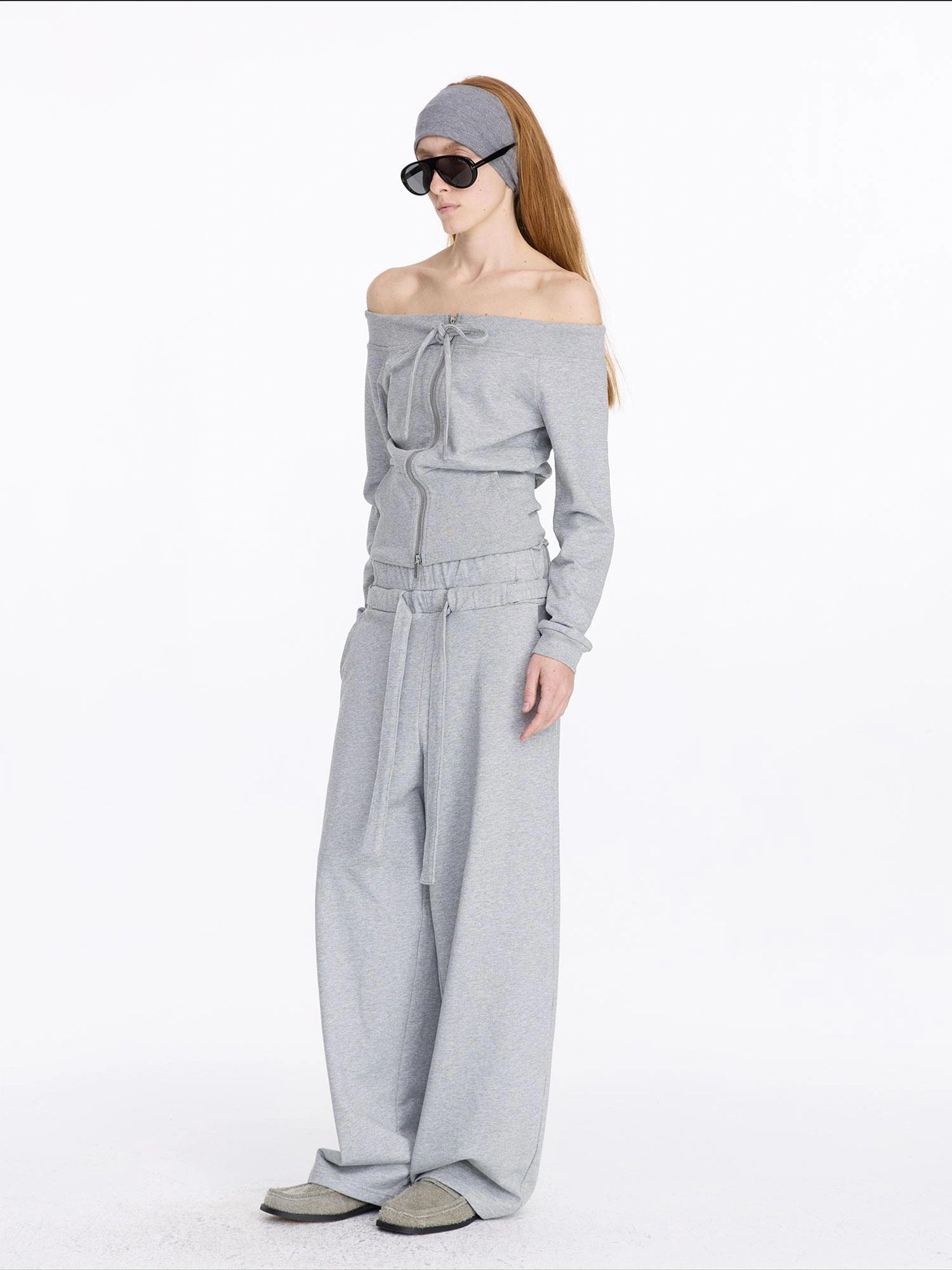 LYUOCHENG Grey Drawstring Loose Sweatpants High Waist Wide Leg