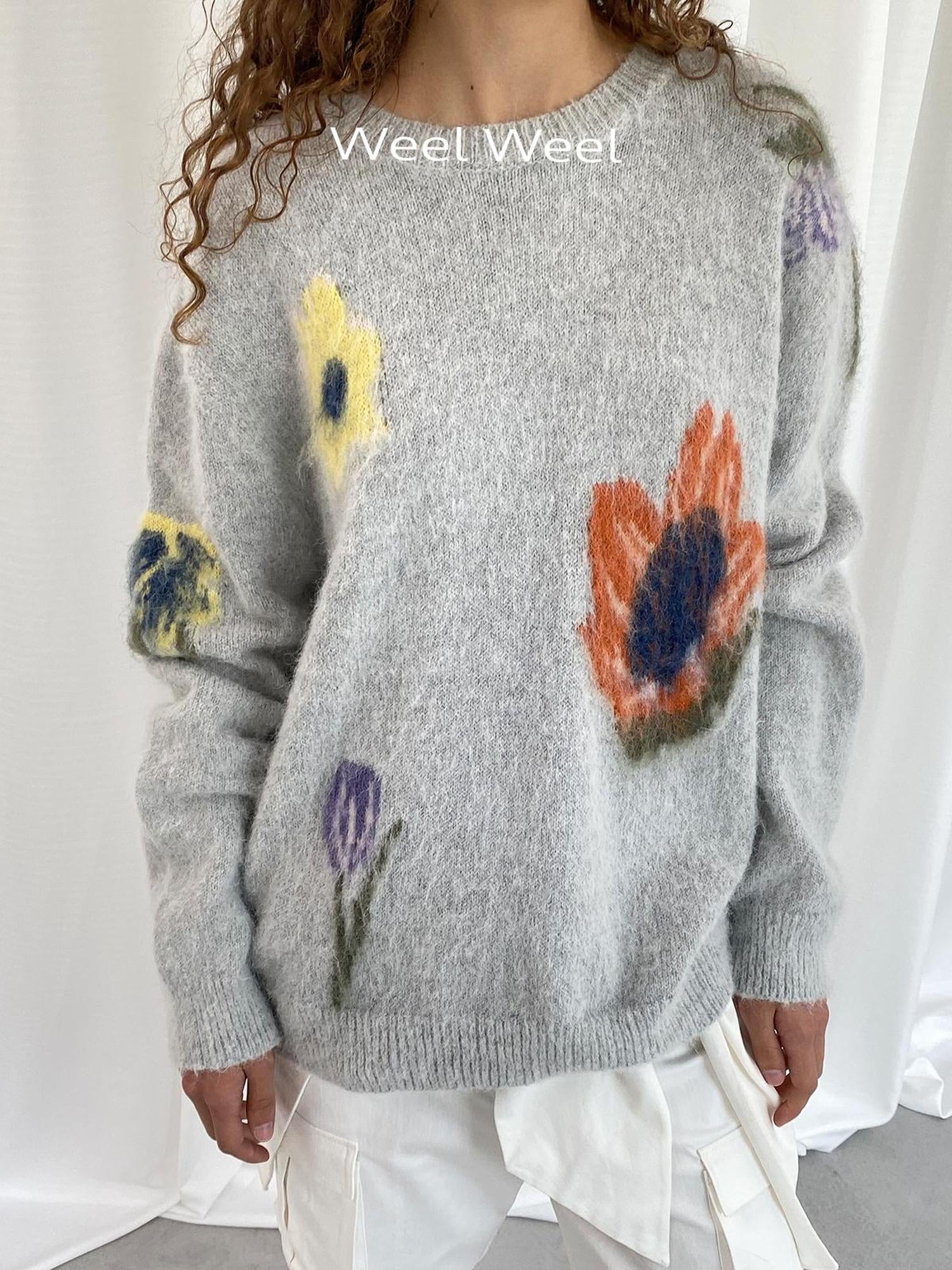 LYUOCHENG Grey Floral Knit Sweater