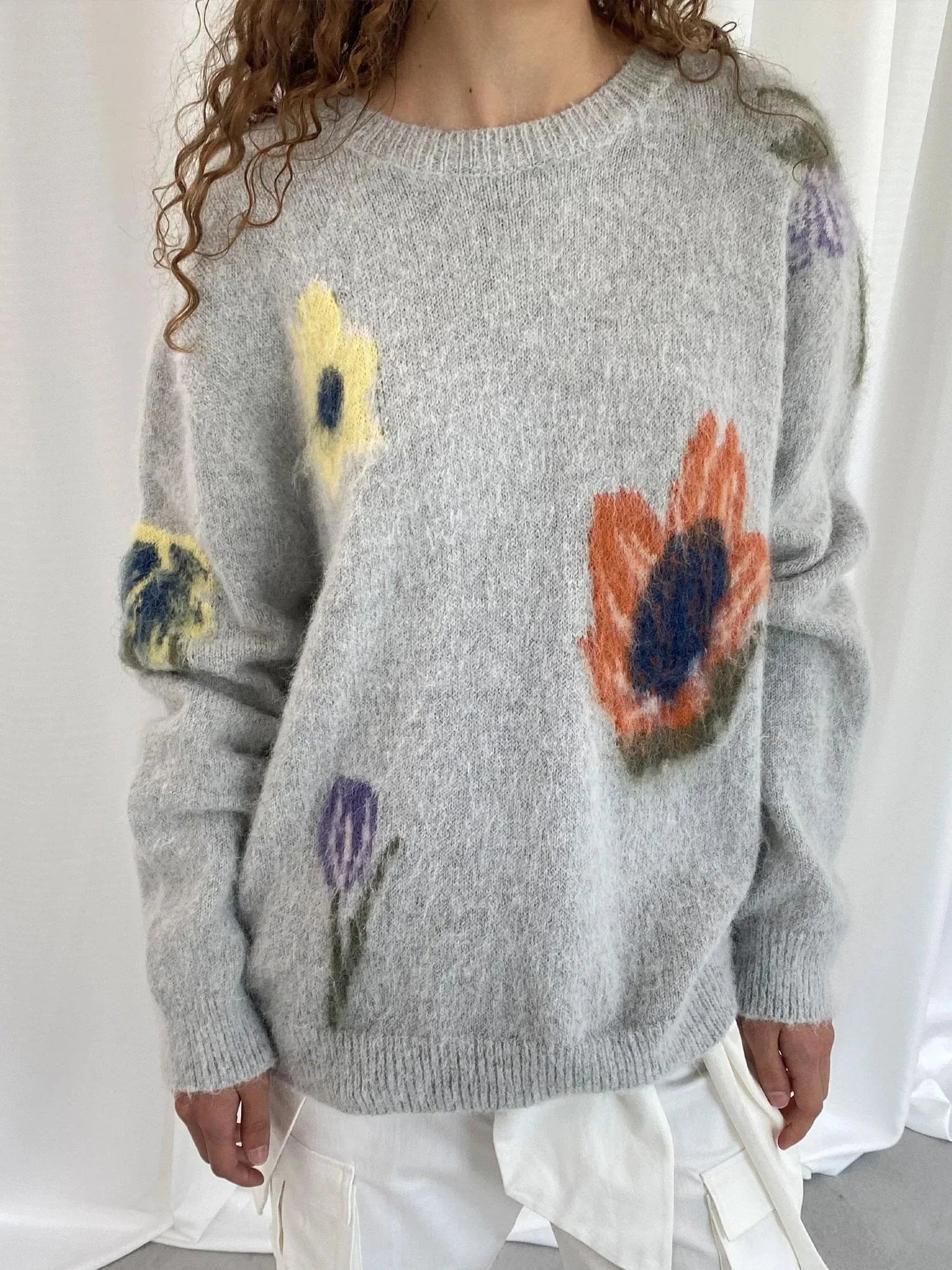Grey Floral Knit Sweater