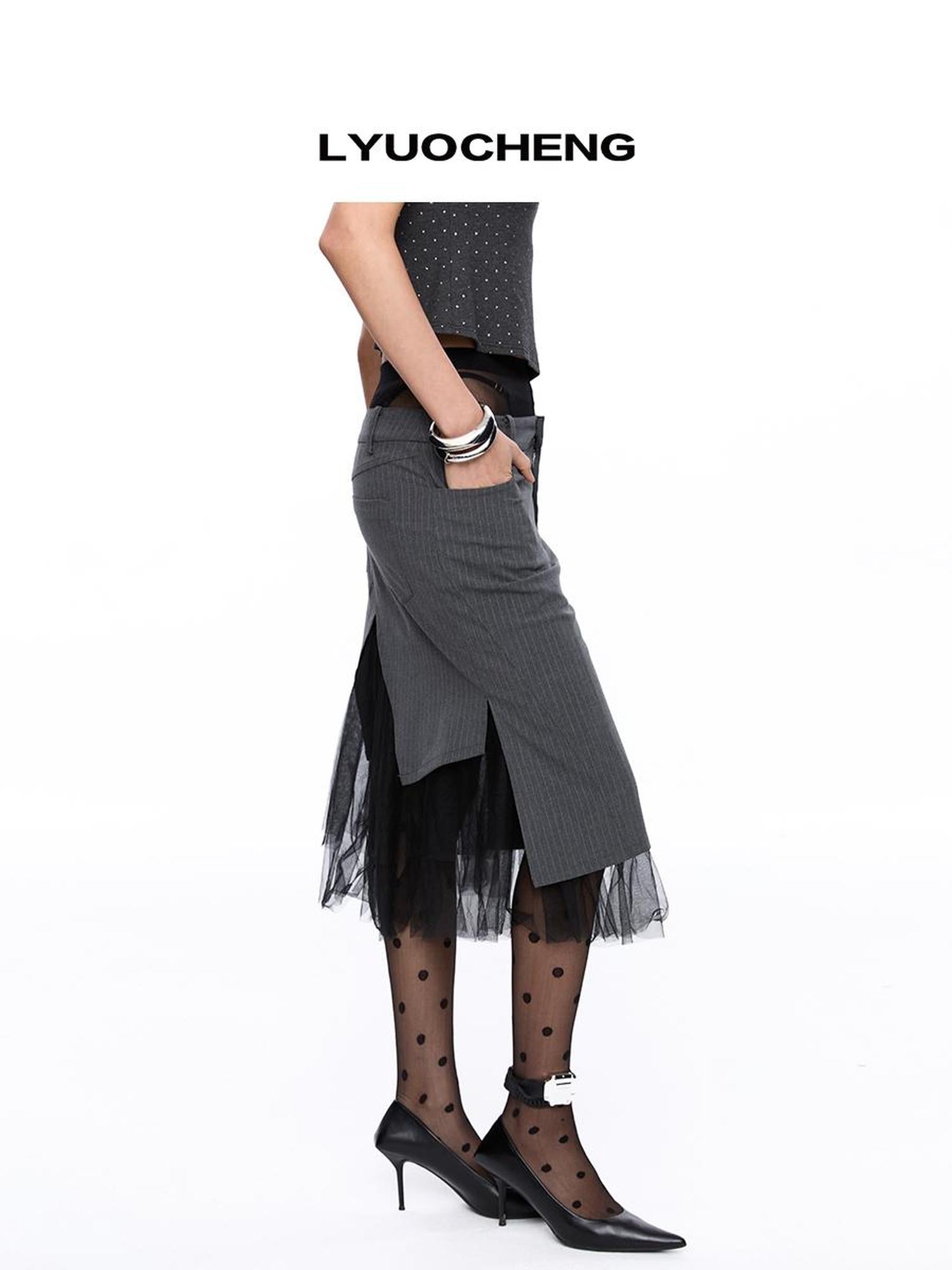 LYUOCHENG Grey Stripe Sheer Paneled Midi Skirt