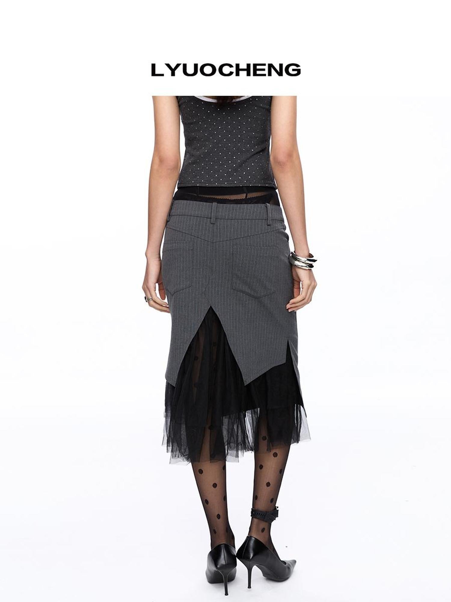 LYUOCHENG Grey Stripe Sheer Paneled Midi Skirt