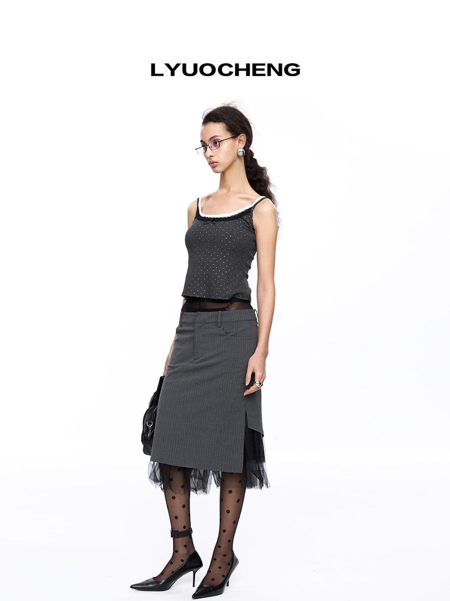 LYUOCHENG Grey Stripe Sheer Paneled Midi Skirt