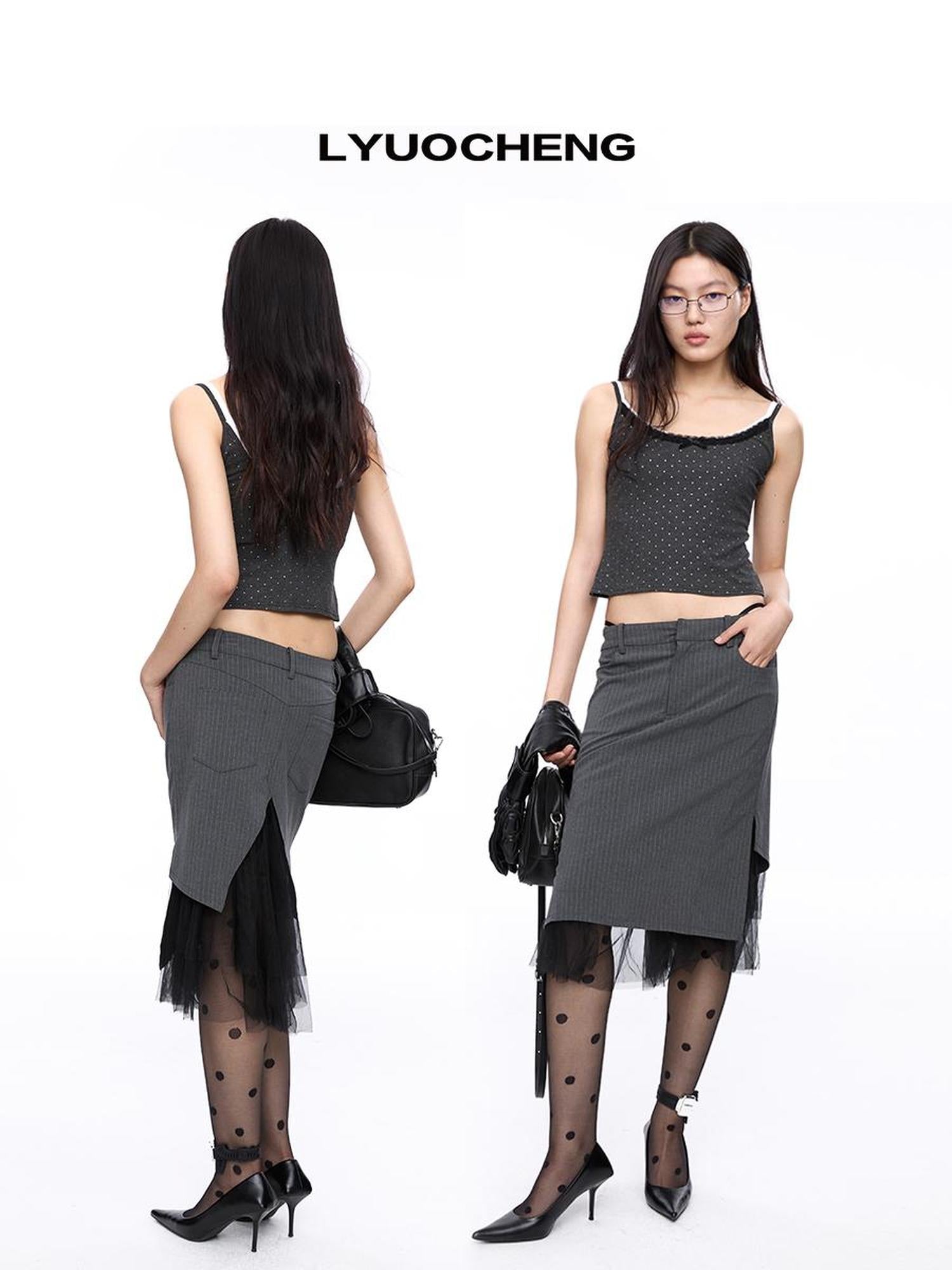 LYUOCHENG Grey Stripe Sheer Paneled Midi Skirt