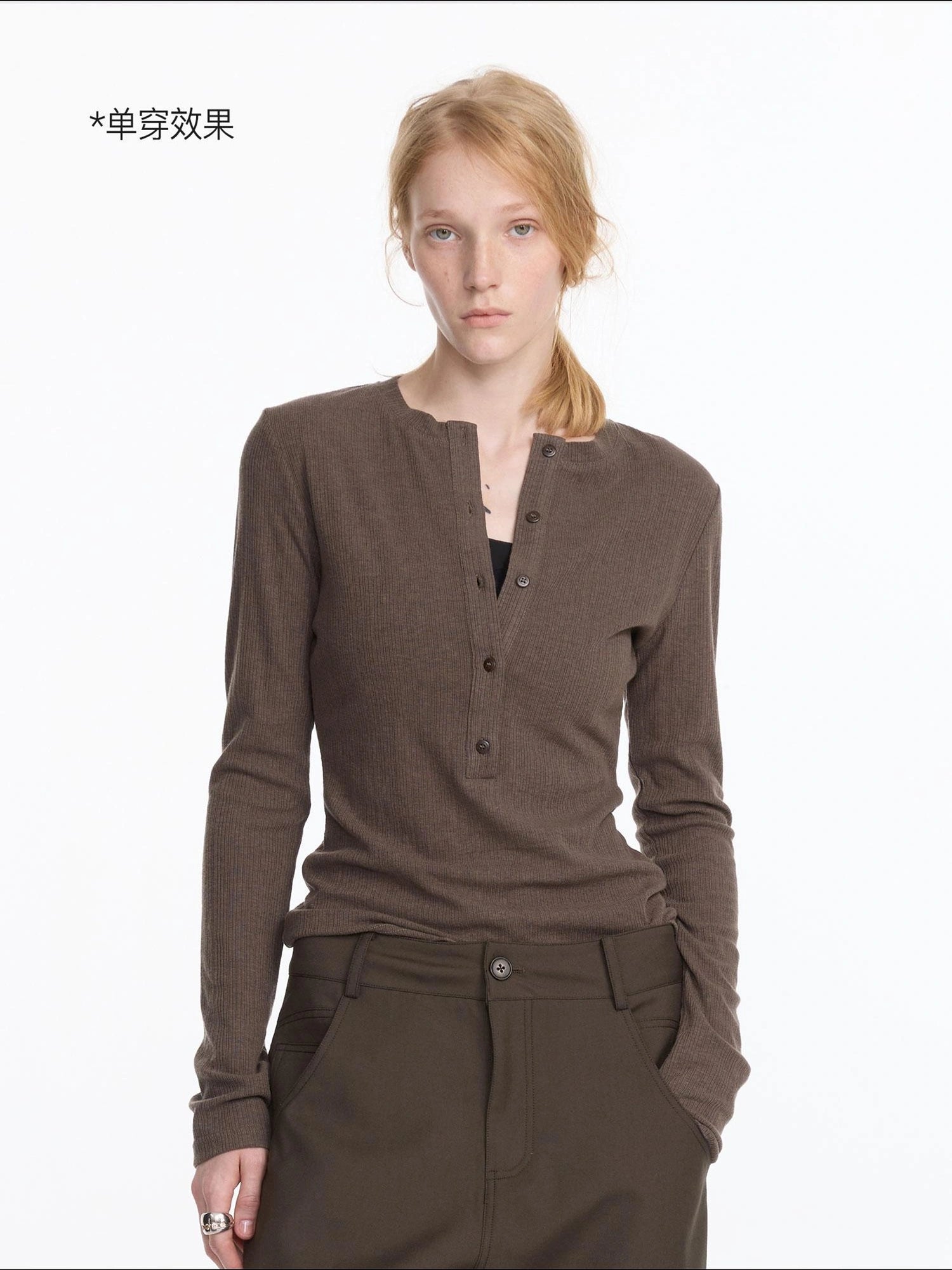 LYUOCHENG Henry Neck Acetate Staple Long Sleeve Top