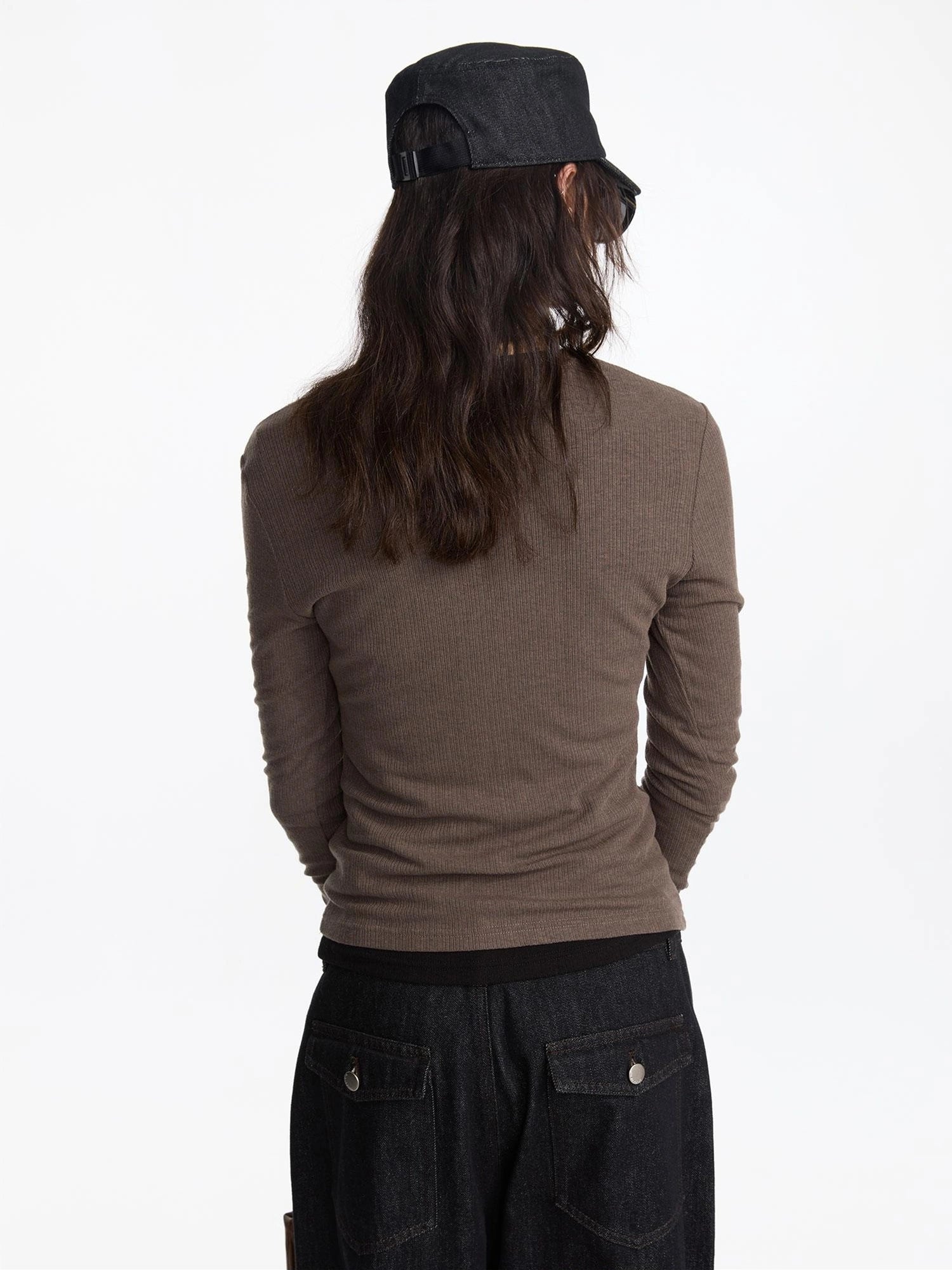 LYUOCHENG Henry Neck Acetate Staple Long Sleeve Top