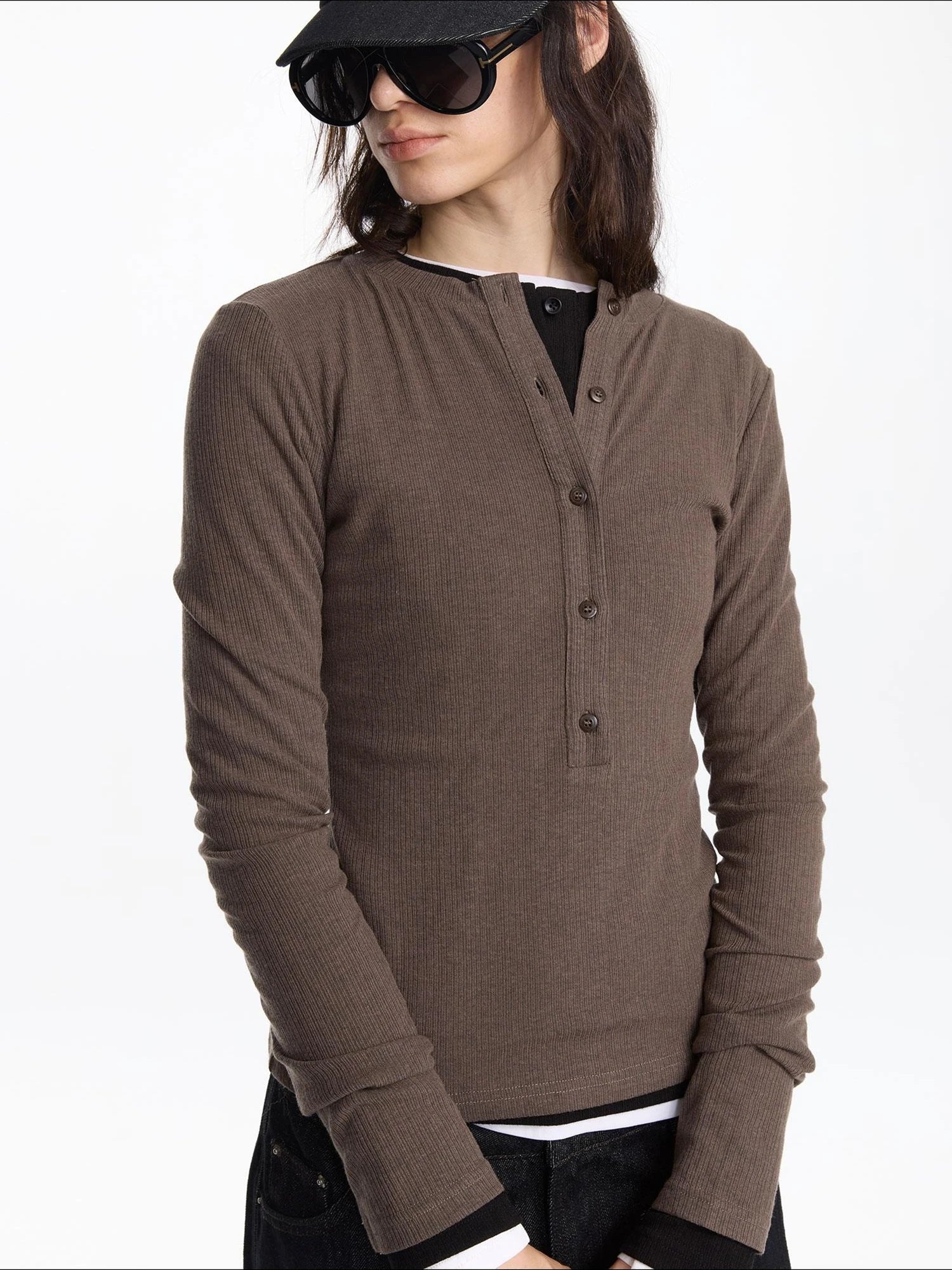LYUOCHENG Henry Neck Acetate Staple Long Sleeve Top