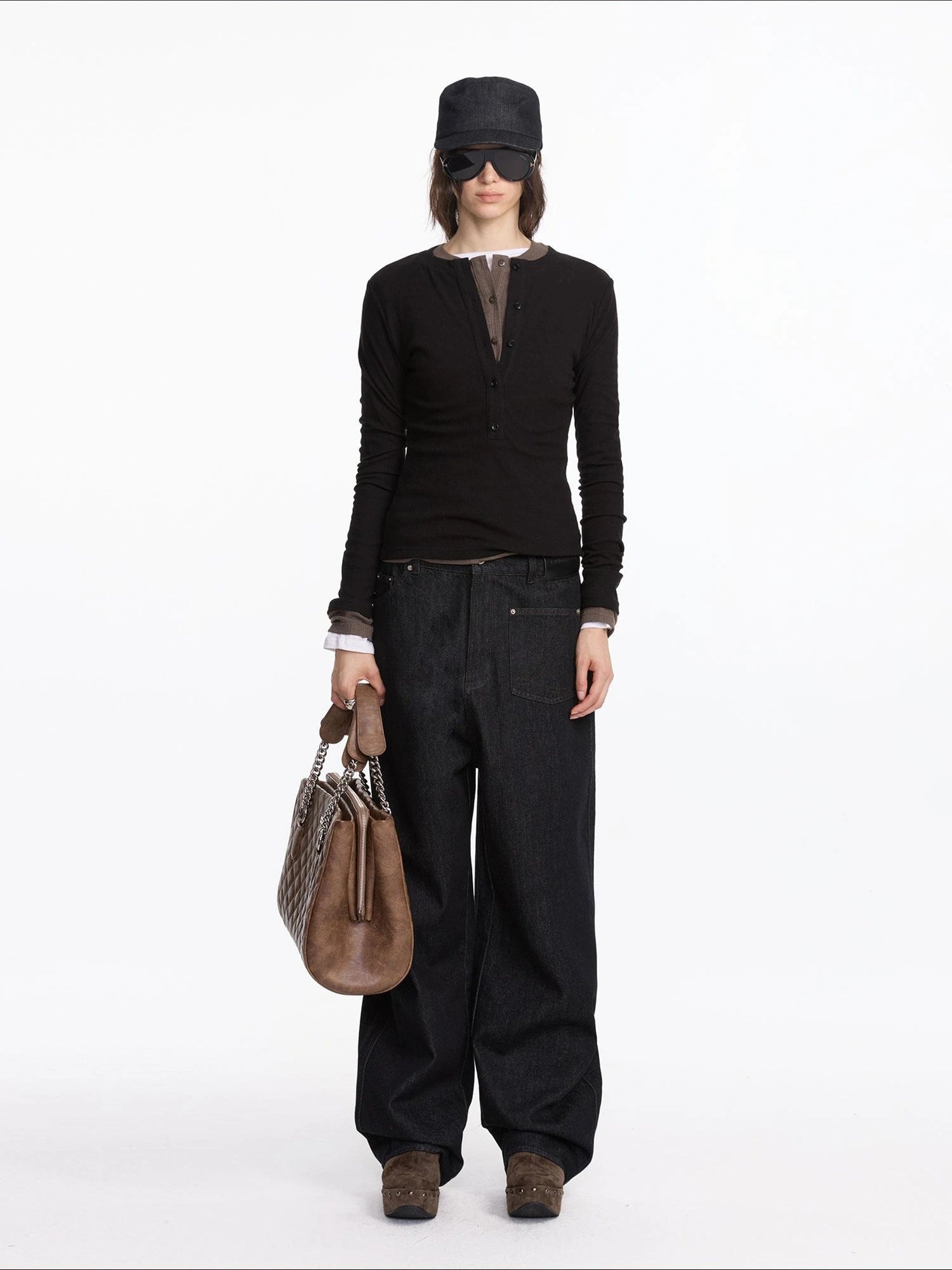 LYUOCHENG Henry Neck Acetate Staple Long Sleeve Top