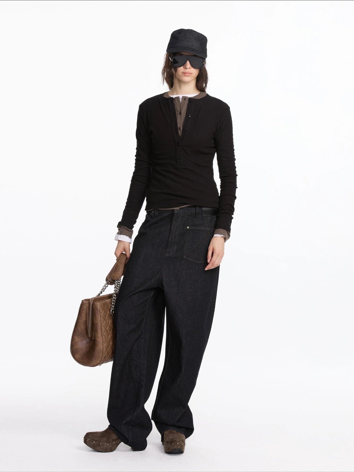 LYUOCHENG Henry Neck Acetate Staple Long Sleeve Top