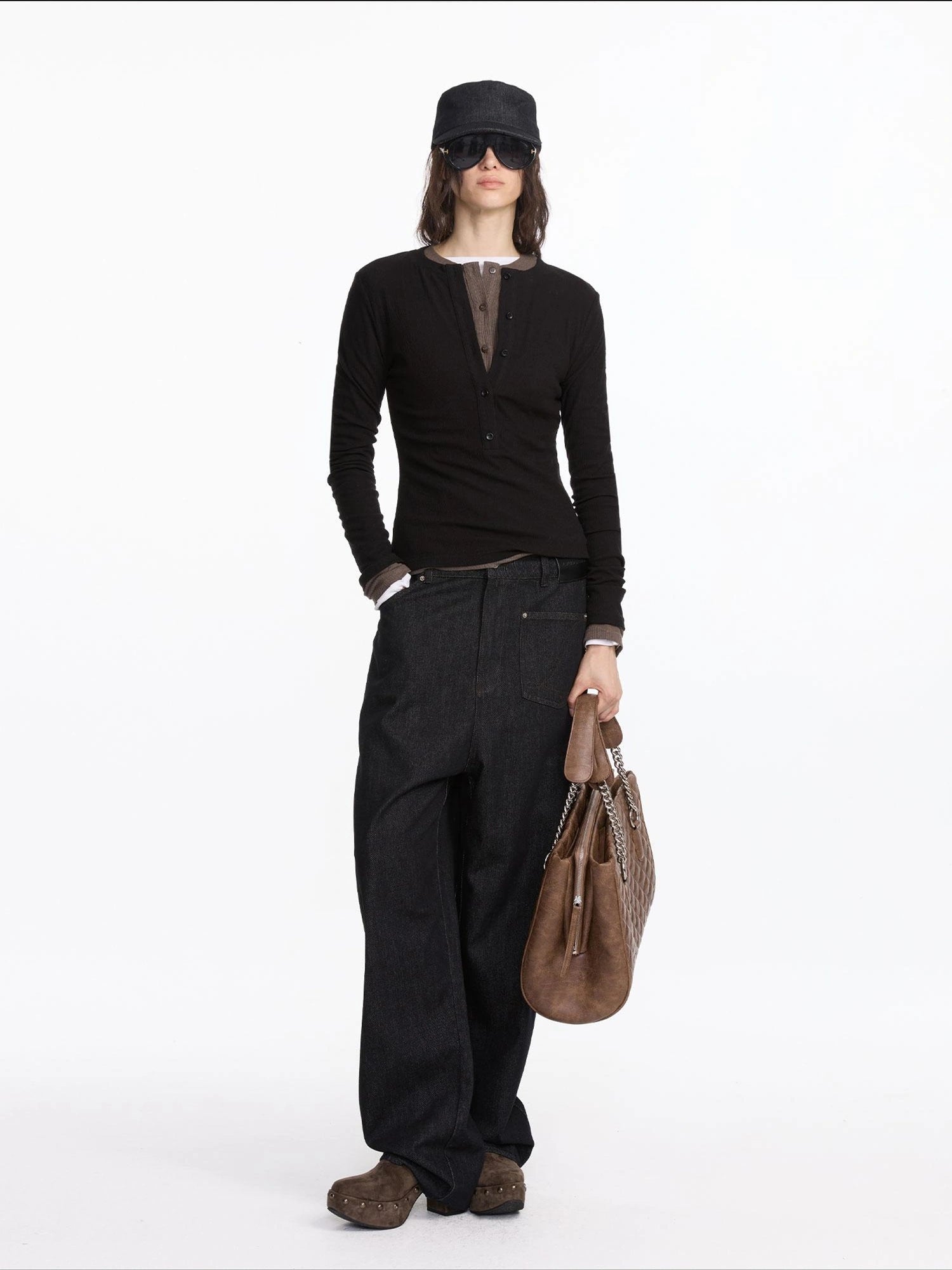 LYUOCHENG Henry Neck Acetate Staple Long Sleeve Top