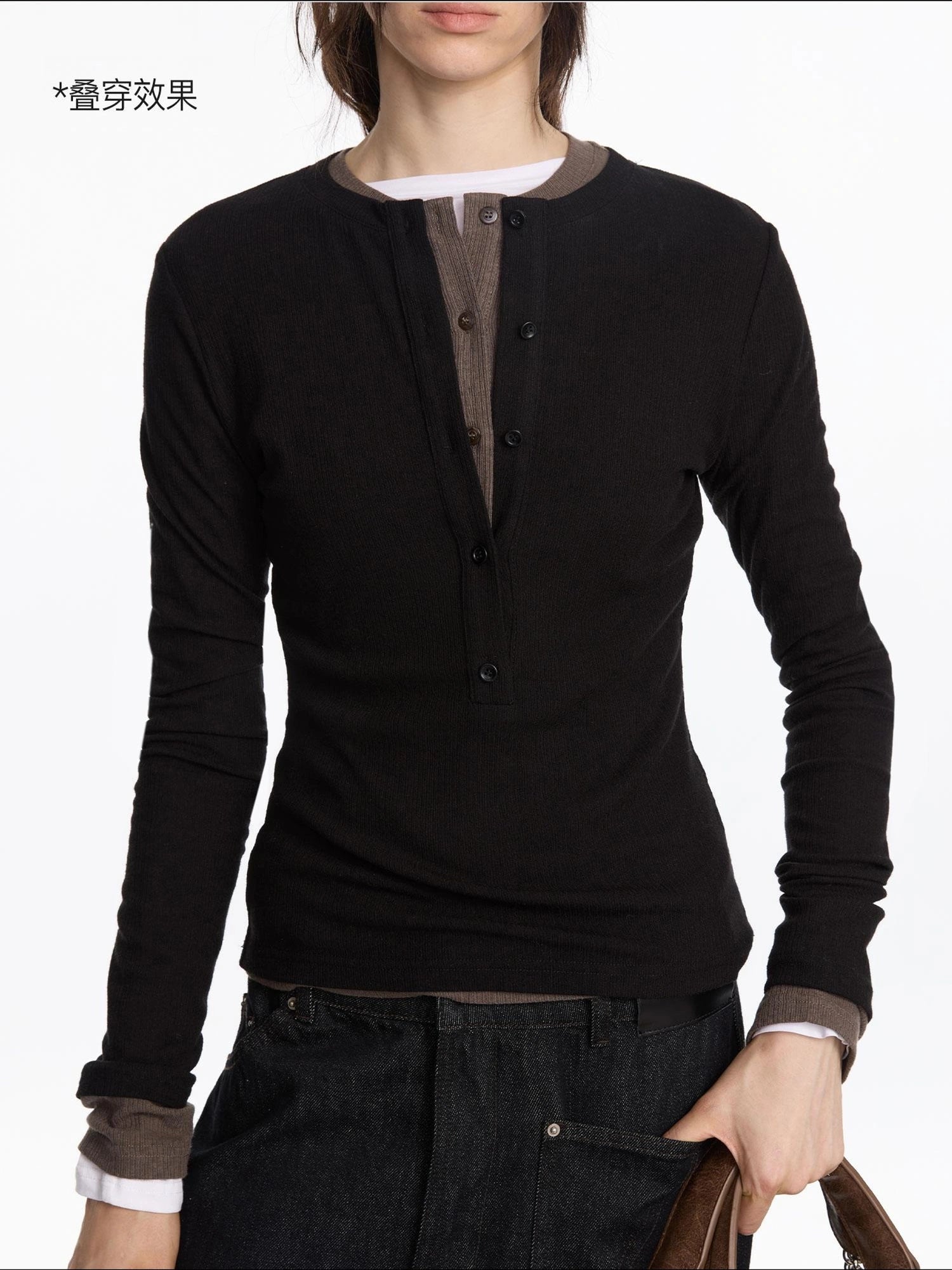 LYUOCHENG Henry Neck Acetate Staple Long Sleeve Top
