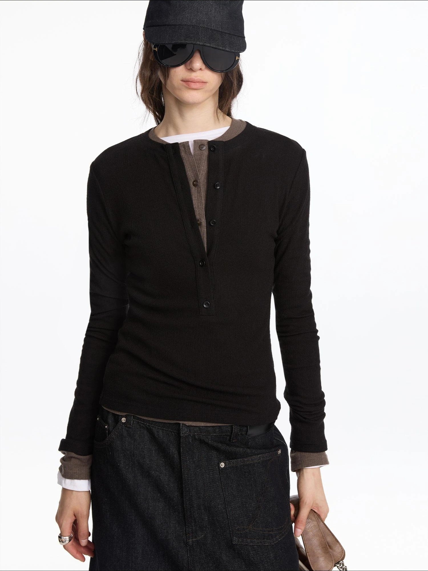LYUOCHENG Henry Neck Acetate Staple Long Sleeve Top