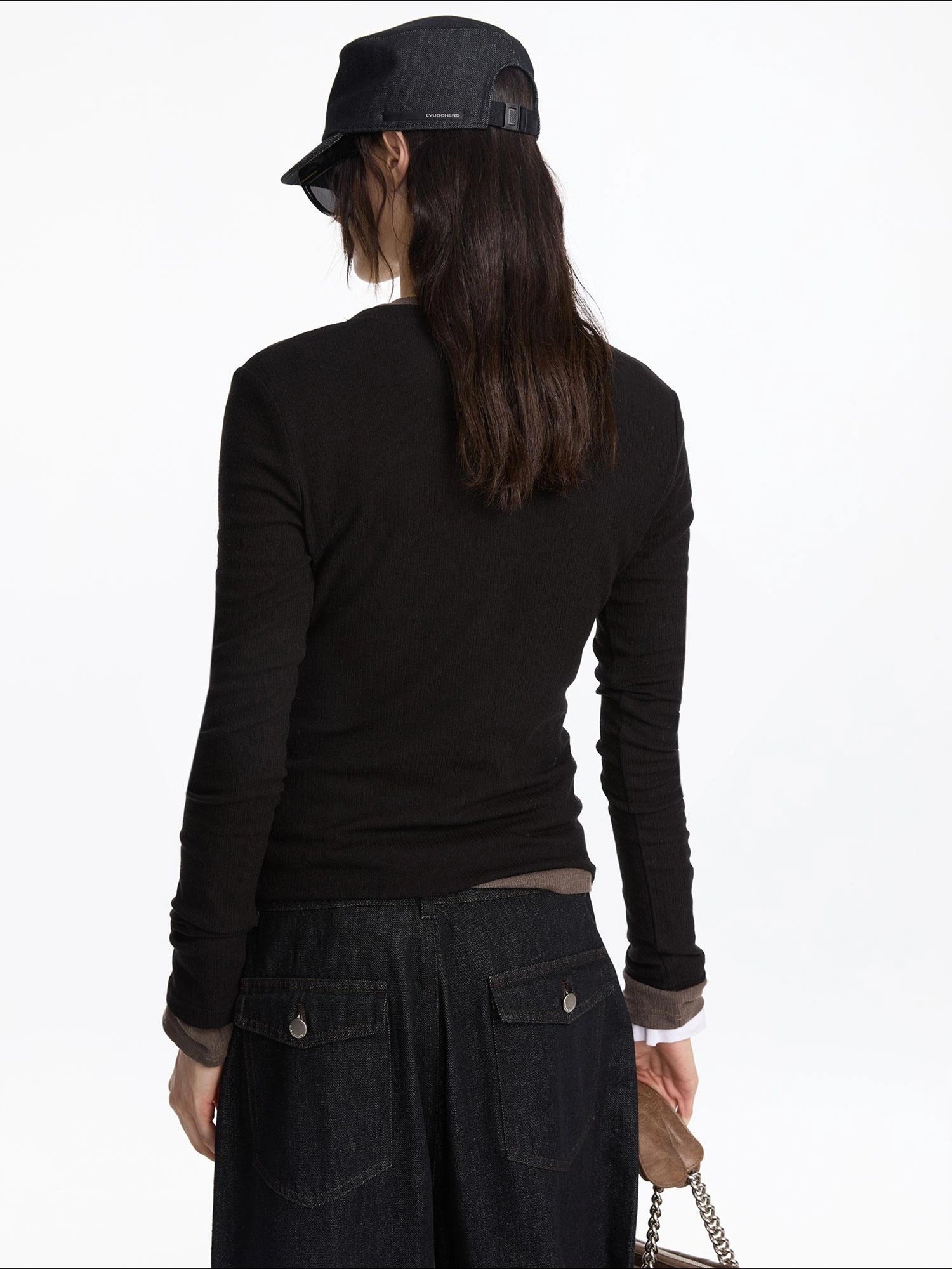 LYUOCHENG Henry Neck Acetate Staple Long Sleeve Top