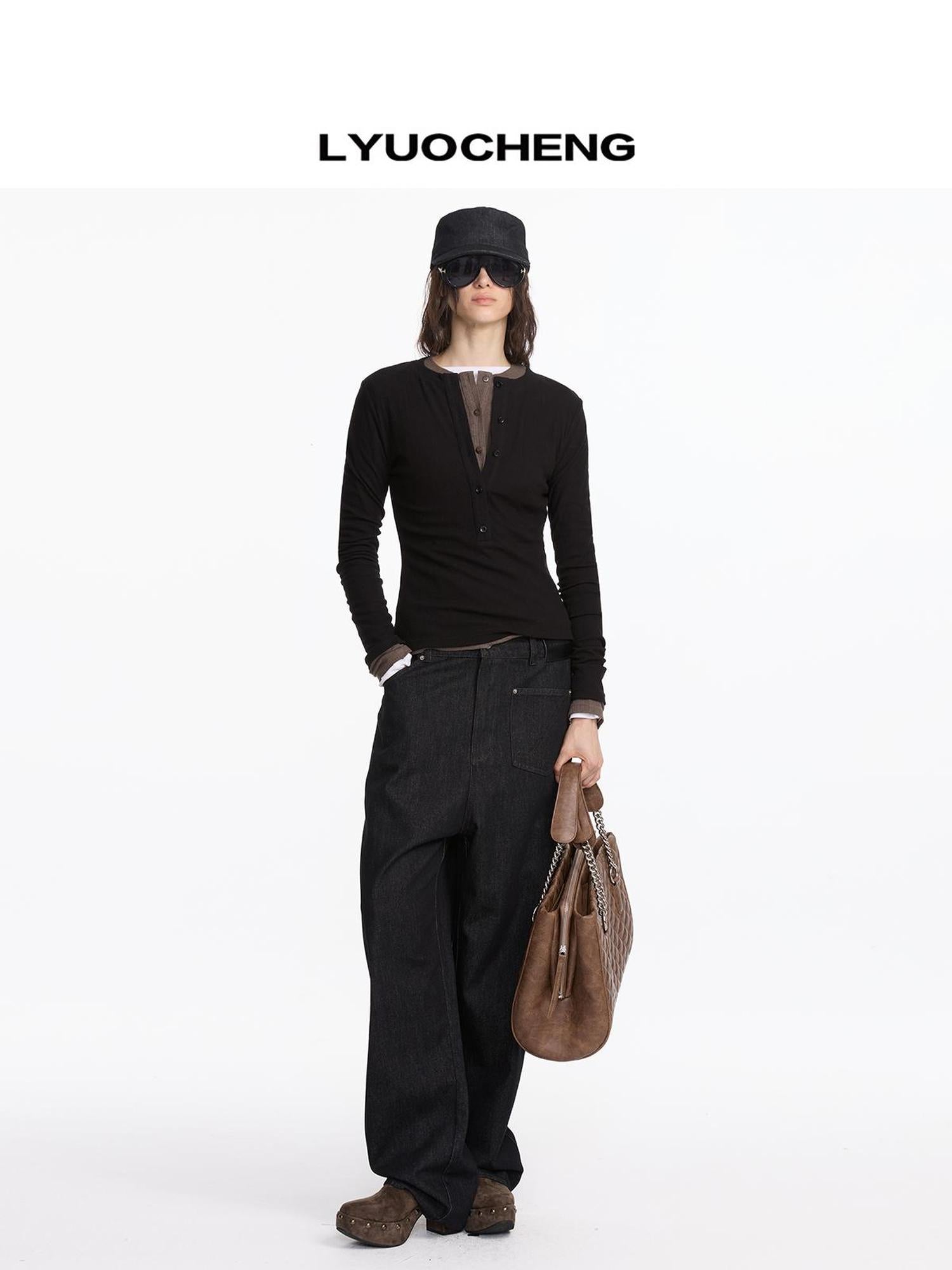 LYUOCHENG Henry Neck Acetate Staple Long Sleeve Top