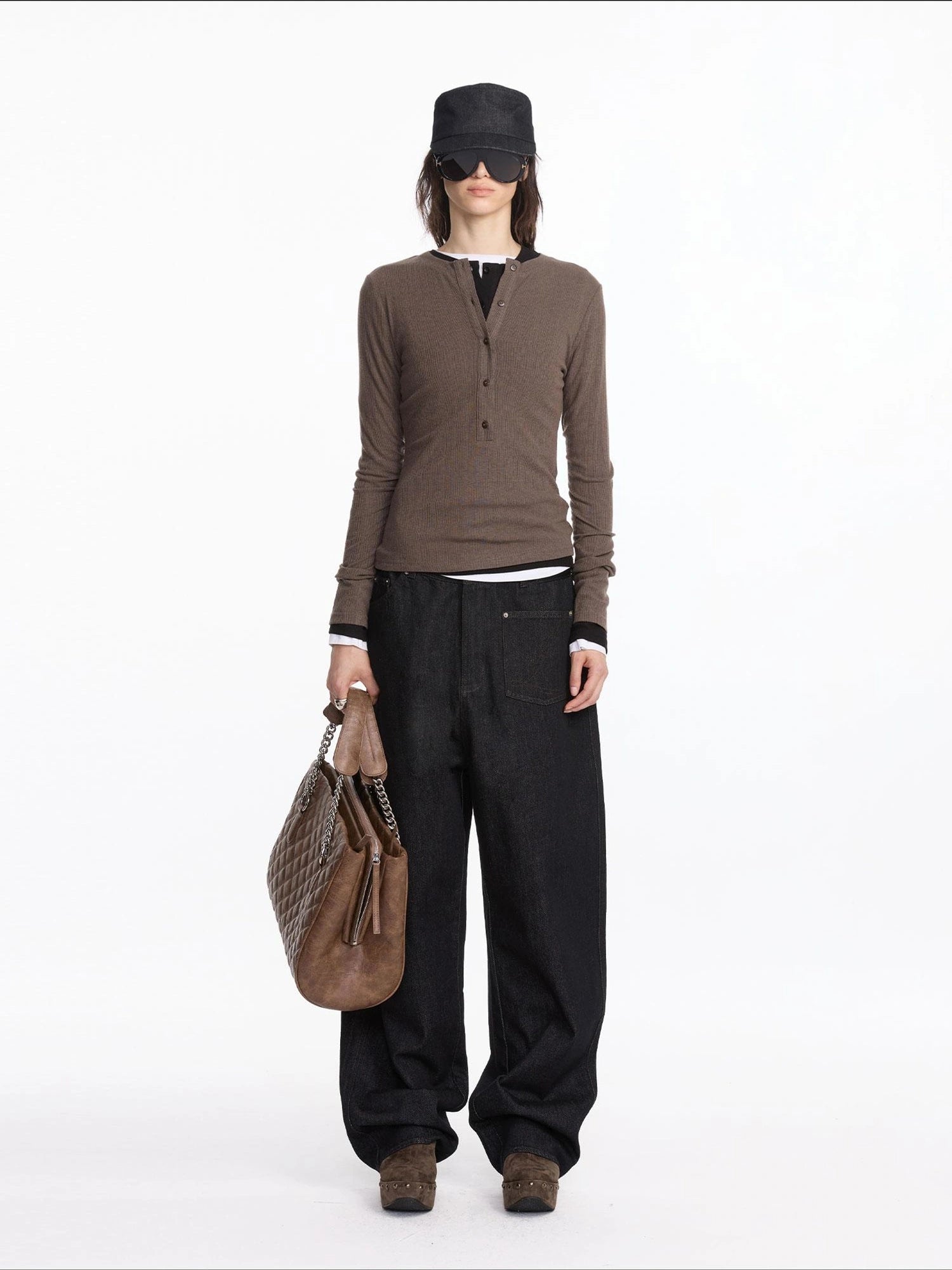LYUOCHENG Henry Neck Acetate Staple Long Sleeve Top