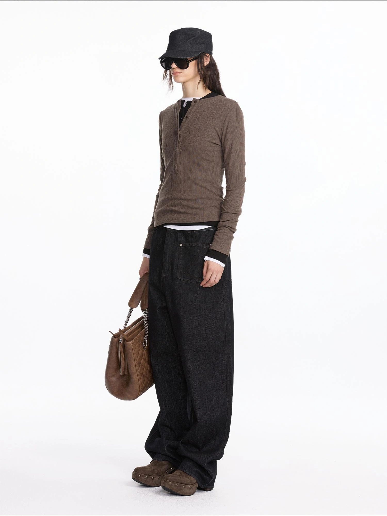 LYUOCHENG Henry Neck Acetate Staple Long Sleeve Top