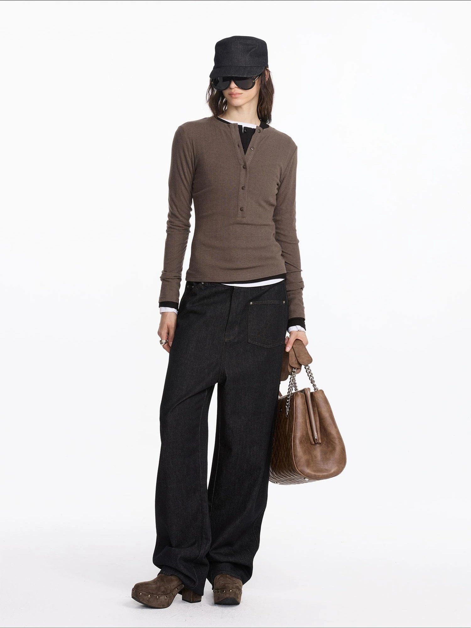 LYUOCHENG Henry Neck Acetate Staple Long Sleeve Top